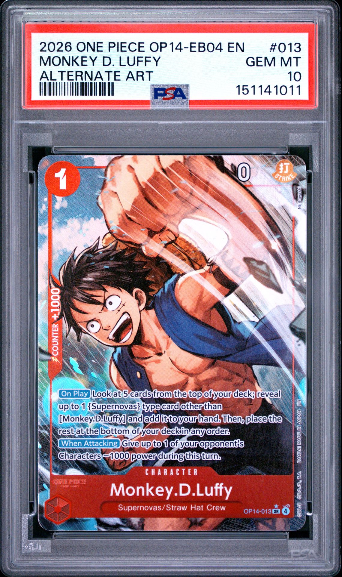 2026 One Piece Op14-Eb04-The Azure Sea's Seven Monkey D. Luffy #013 (Alternate Art) Gem Mt 10 front