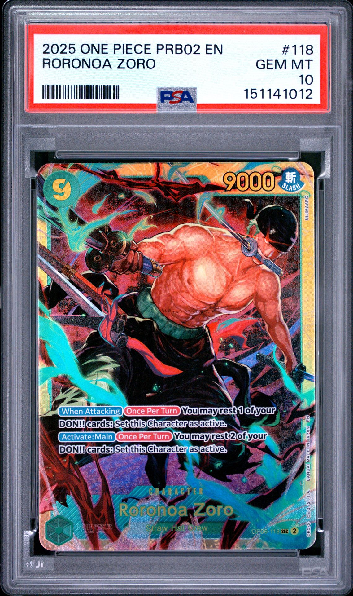 2025 One Piece Prb02-Premium Booster -One Piece Card The Best- Vol.2 Roronoa Zoro #118 Gem Mt 10 front