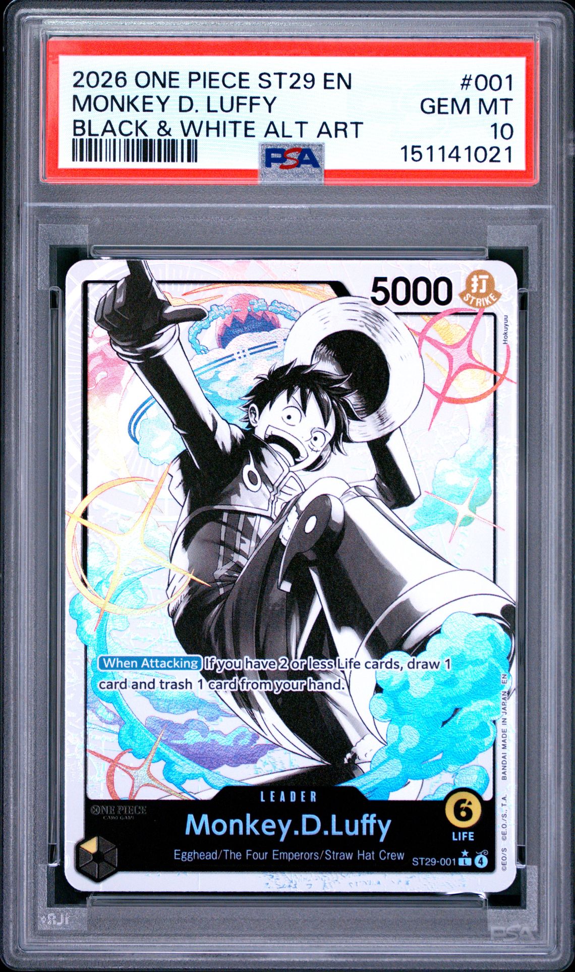 2026 One Piece Starter Deck St29-Egghead Monkey D. Luffy #001 (Black & White Alt Art) Gem Mt 10 front