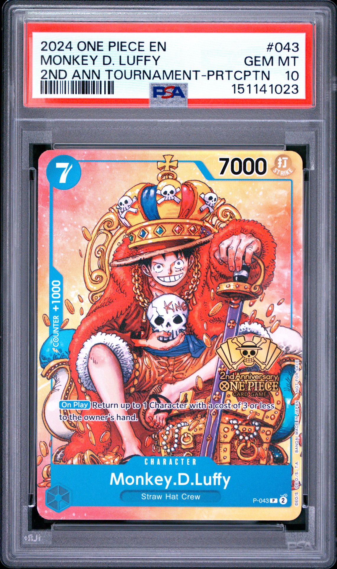 2024 One Piece Promos Monkey D. Luffy #043 (2Nd Ann Tournament-Prtcptn) Gem Mt 10 front