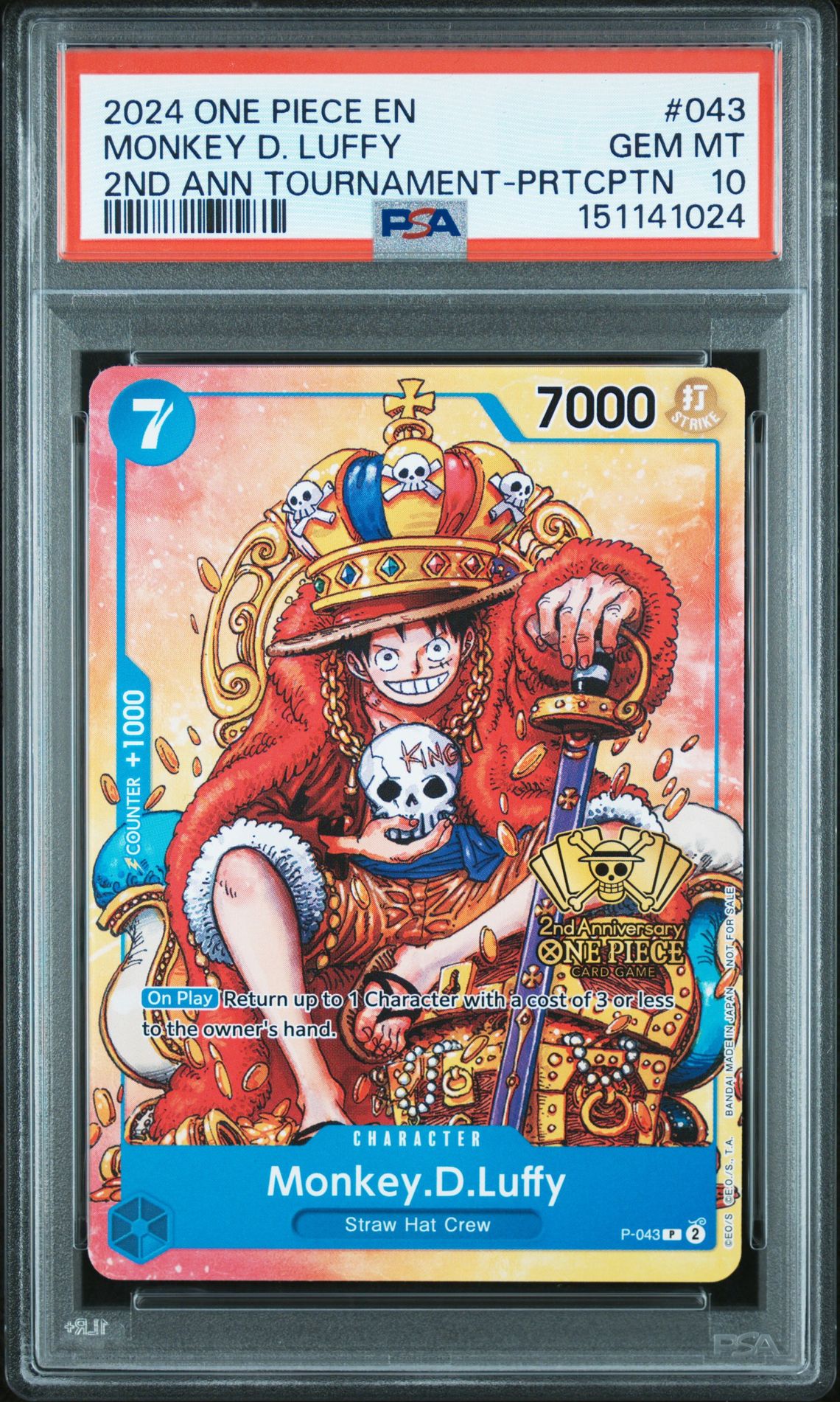 2024 One Piece Promos Monkey D. Luffy #043 (2Nd Ann Tournament-Prtcptn) Gem Mt 10 front