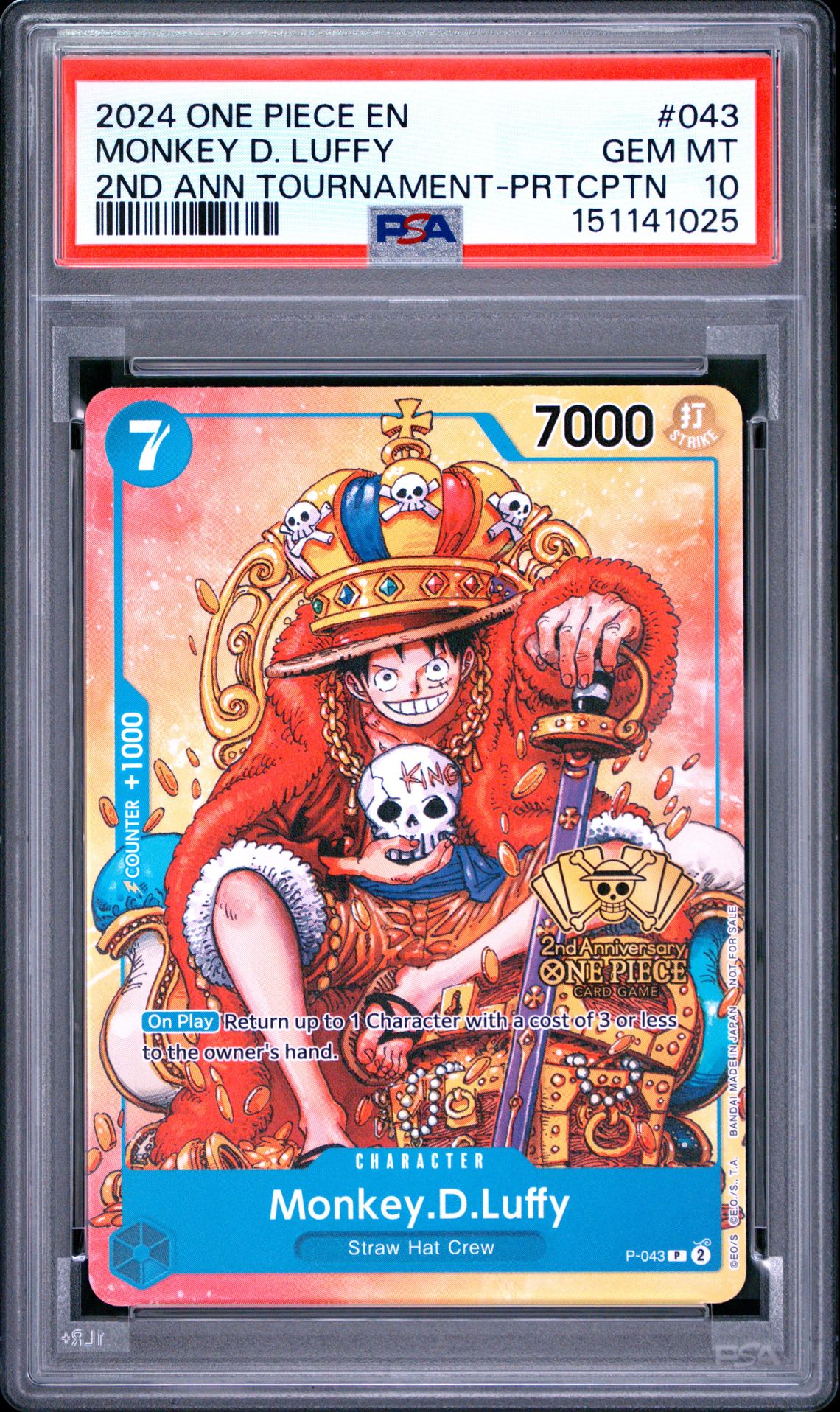 2024 One Piece Promos Monkey D. Luffy #043 (2Nd Ann Tournament-Prtcptn) Gem Mt 10 front
