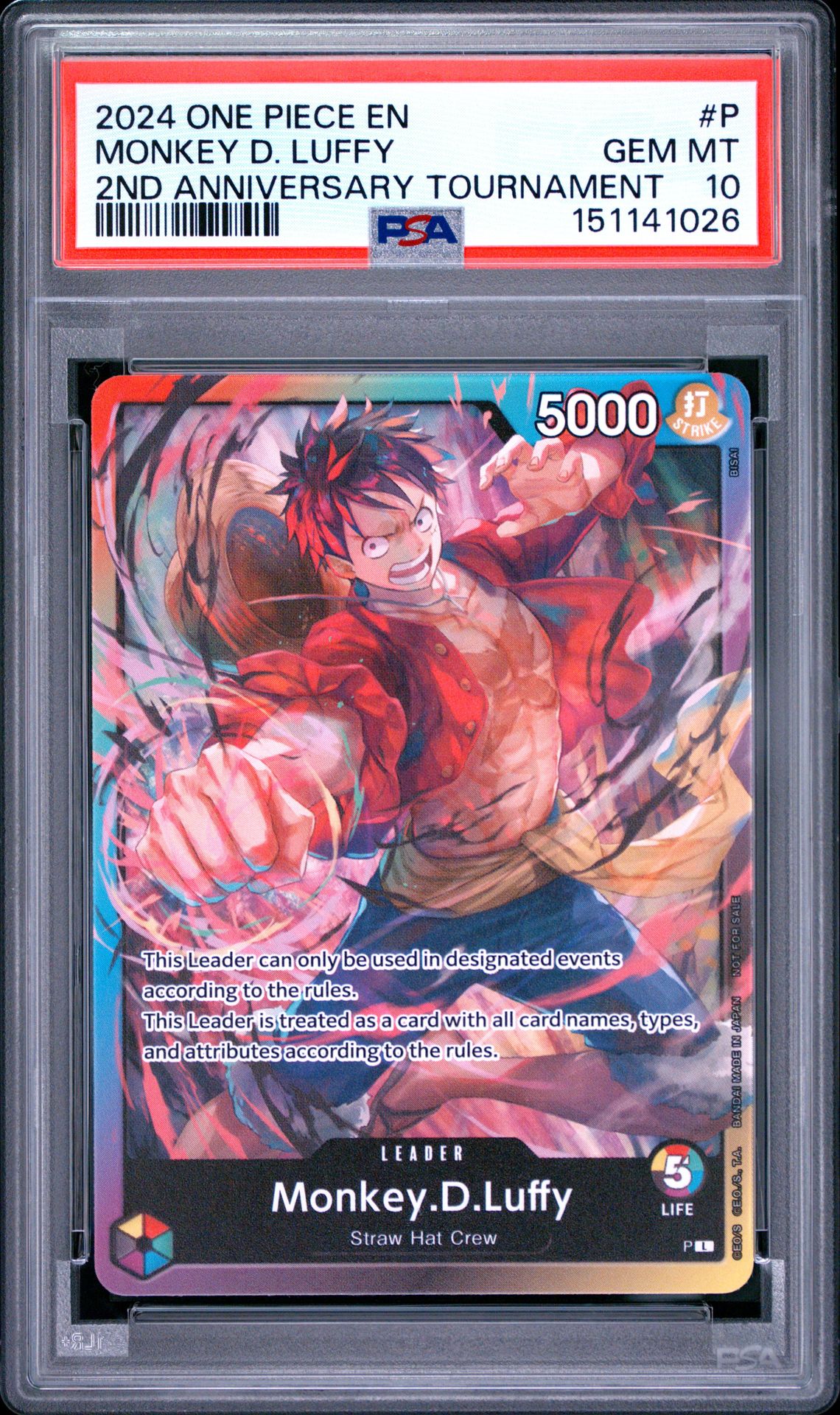 2024 One Piece Promos Monkey D. Luffy #P (2Nd Anniversary Tournament) Gem Mt 10 front