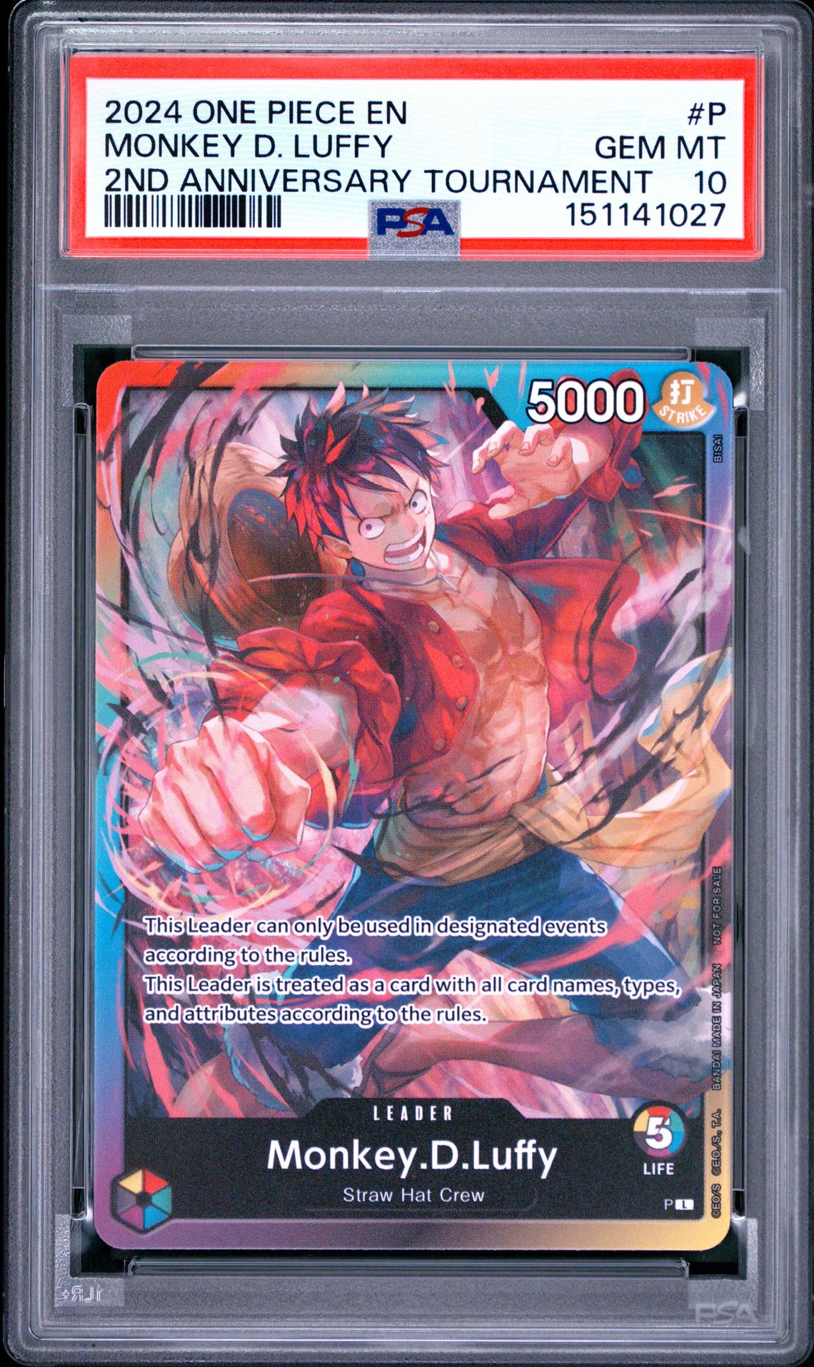 2024 One Piece Promos Monkey D. Luffy #P (2Nd Anniversary Tournament) Gem Mt 10 front