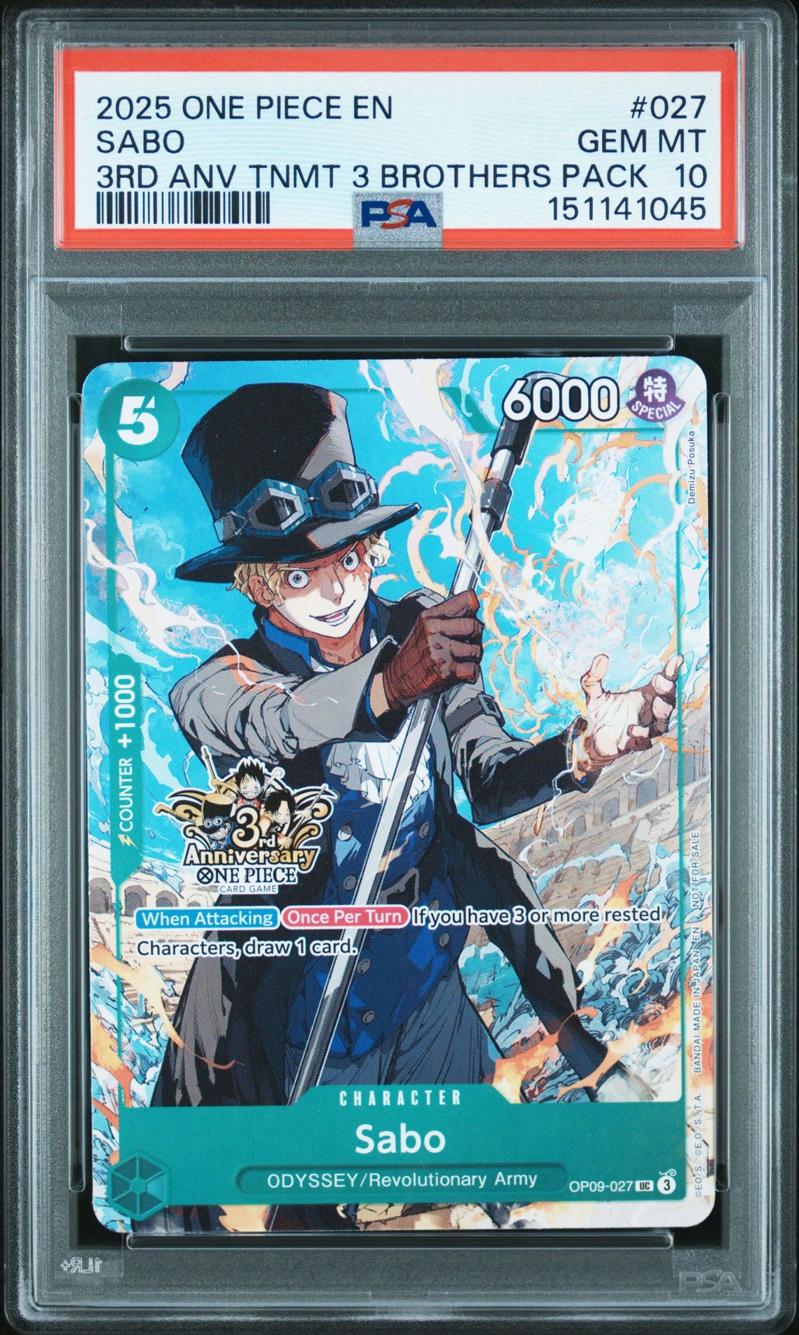 2025 One Piece 3Rd Anniversary Tournament 3 Brothers Pack Sabo #027 Gem Mt 10 front