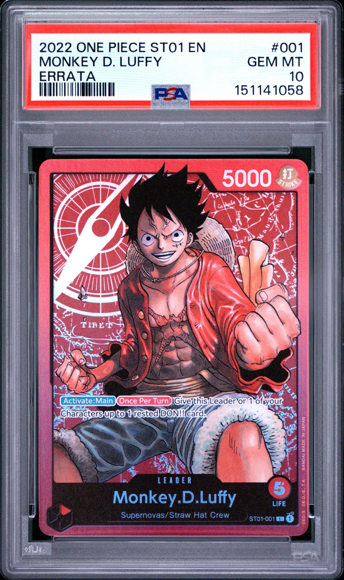 2022 One Piece Starter Deck St01-Straw Hat Crew Monkey D. Luffy #001 (Errata) Gem Mt 10 front