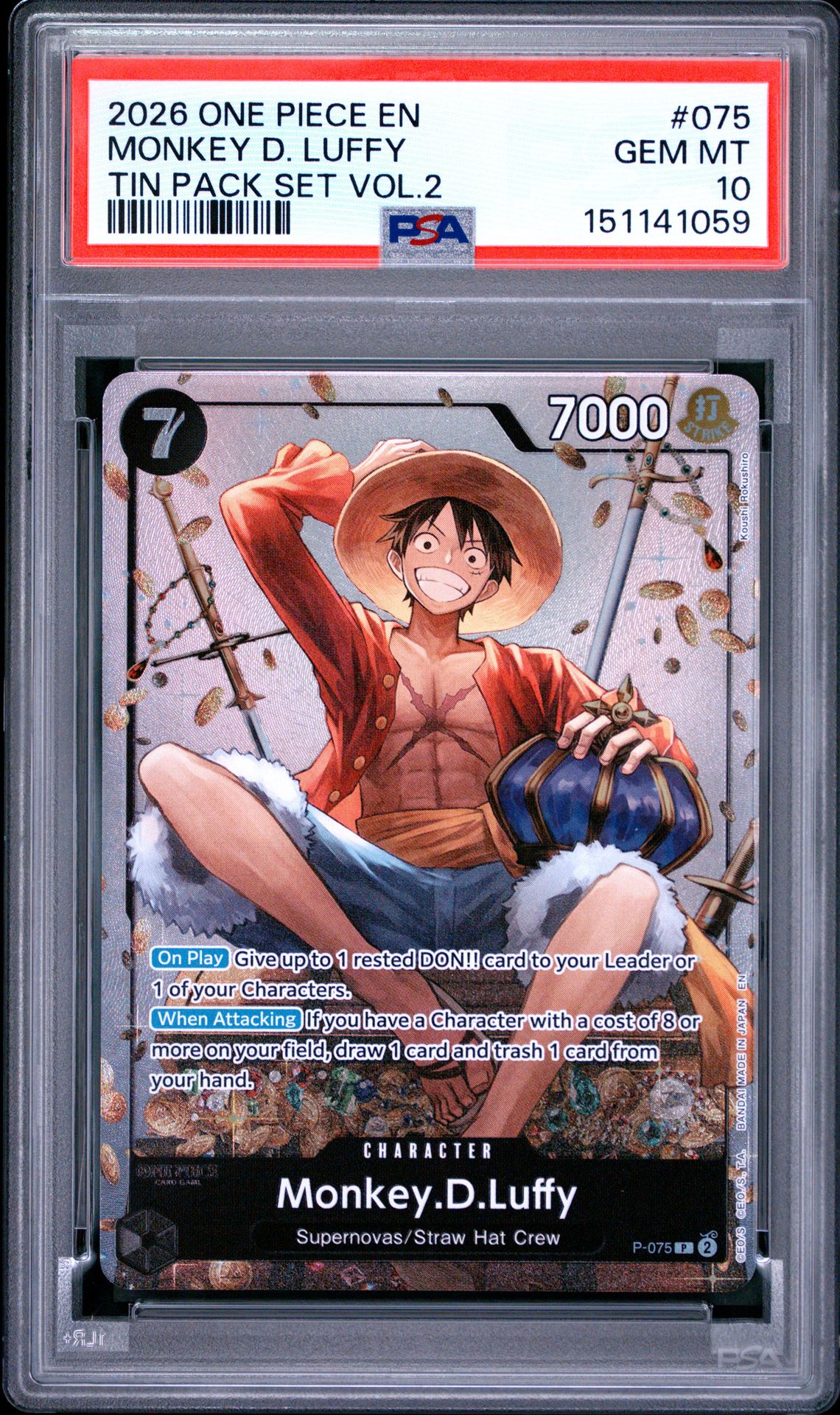 2026 One Piece Promos Monkey D. Luffy #075 (Tin Pack Set Vol.2) Gem Mt 10 front
