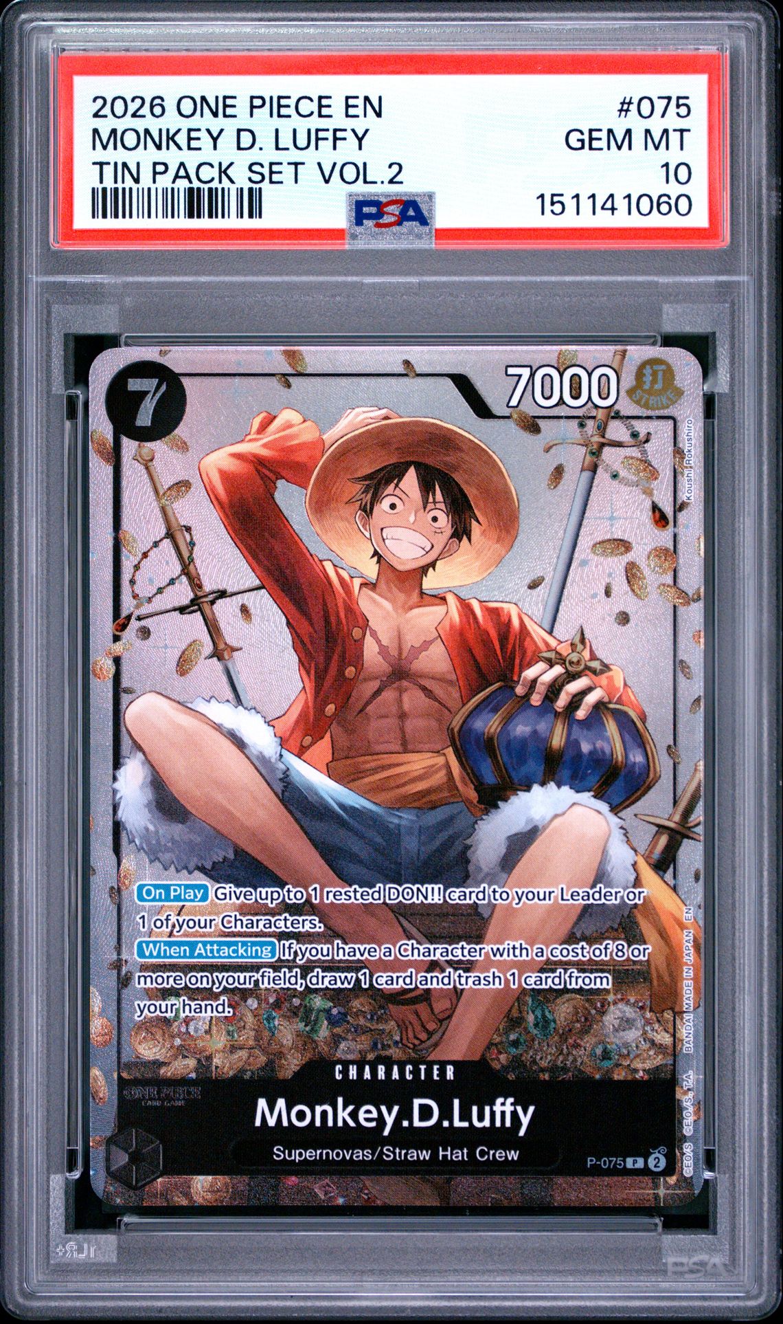 2026 One Piece Promos Monkey D. Luffy #075 (Tin Pack Set Vol.2) Gem Mt 10 front