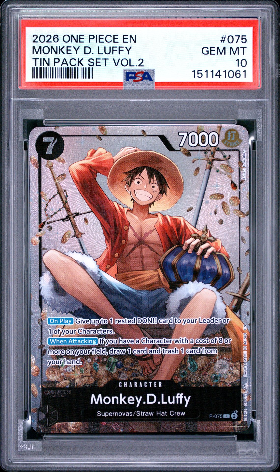 2026 One Piece Promos Monkey D. Luffy #075 (Tin Pack Set Vol.2) Gem Mt 10 front