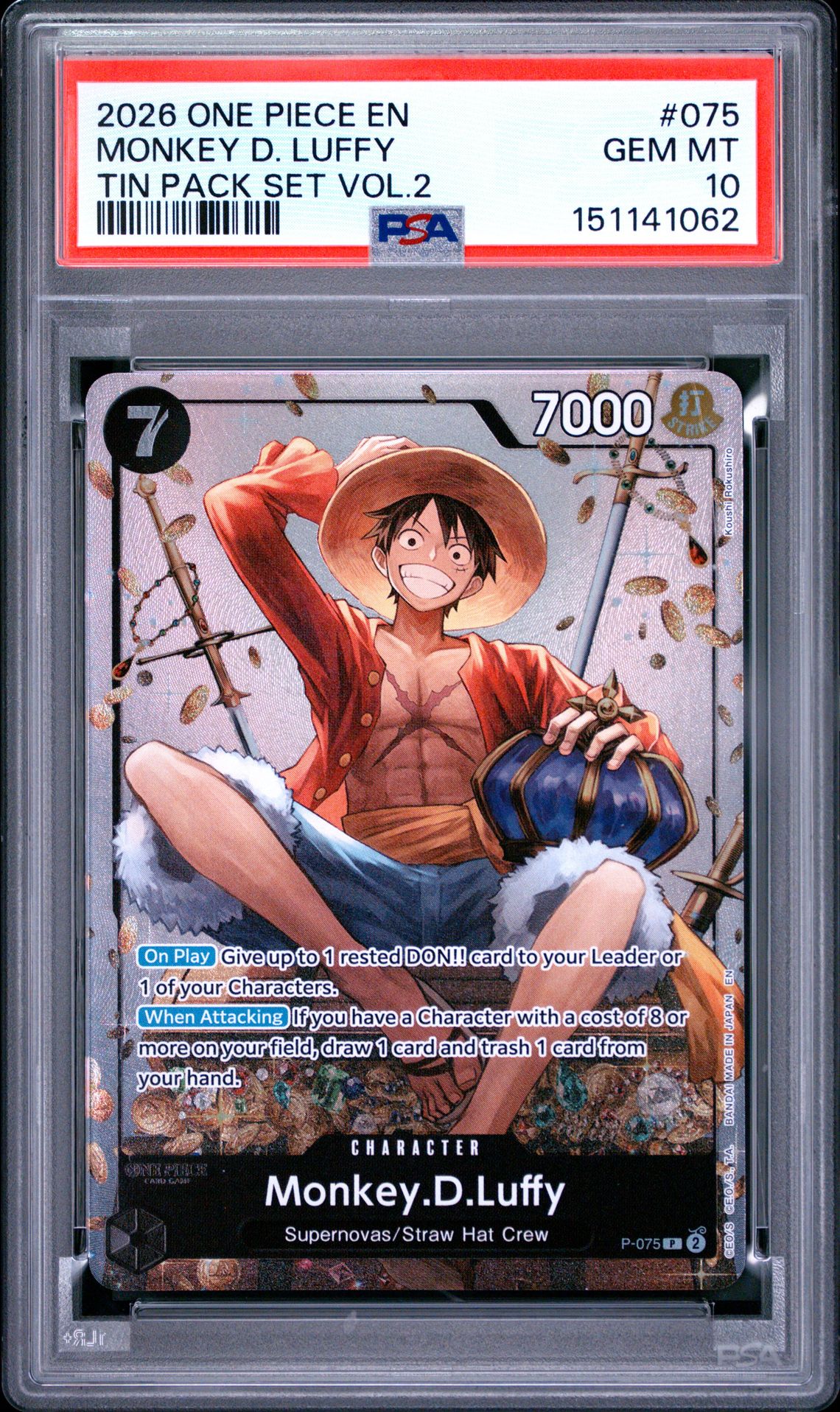 2026 One Piece Promos Monkey D. Luffy #075 (Tin Pack Set Vol.2) Gem Mt 10 front