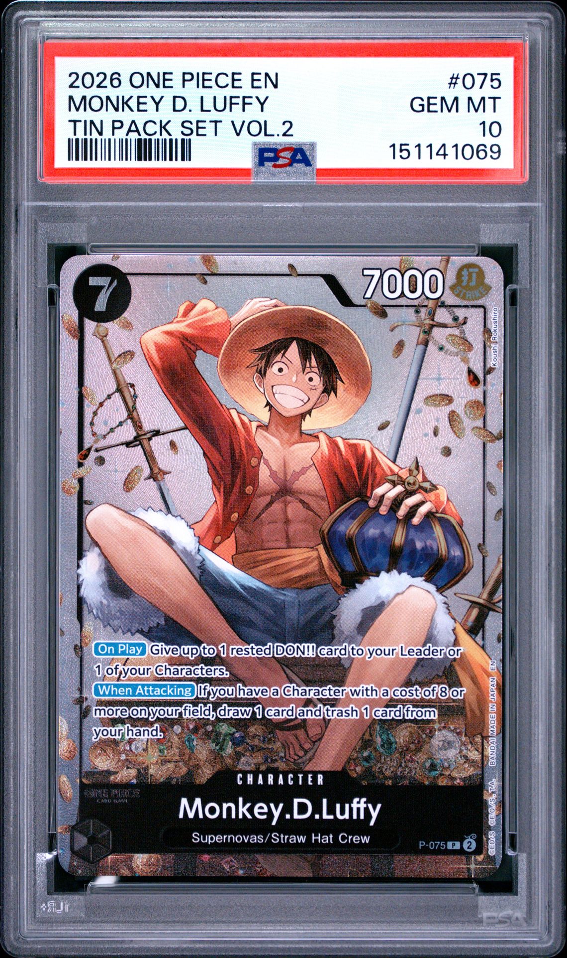 2026 One Piece Promos Monkey D. Luffy #075 (Tin Pack Set Vol.2) Gem Mt 10 front