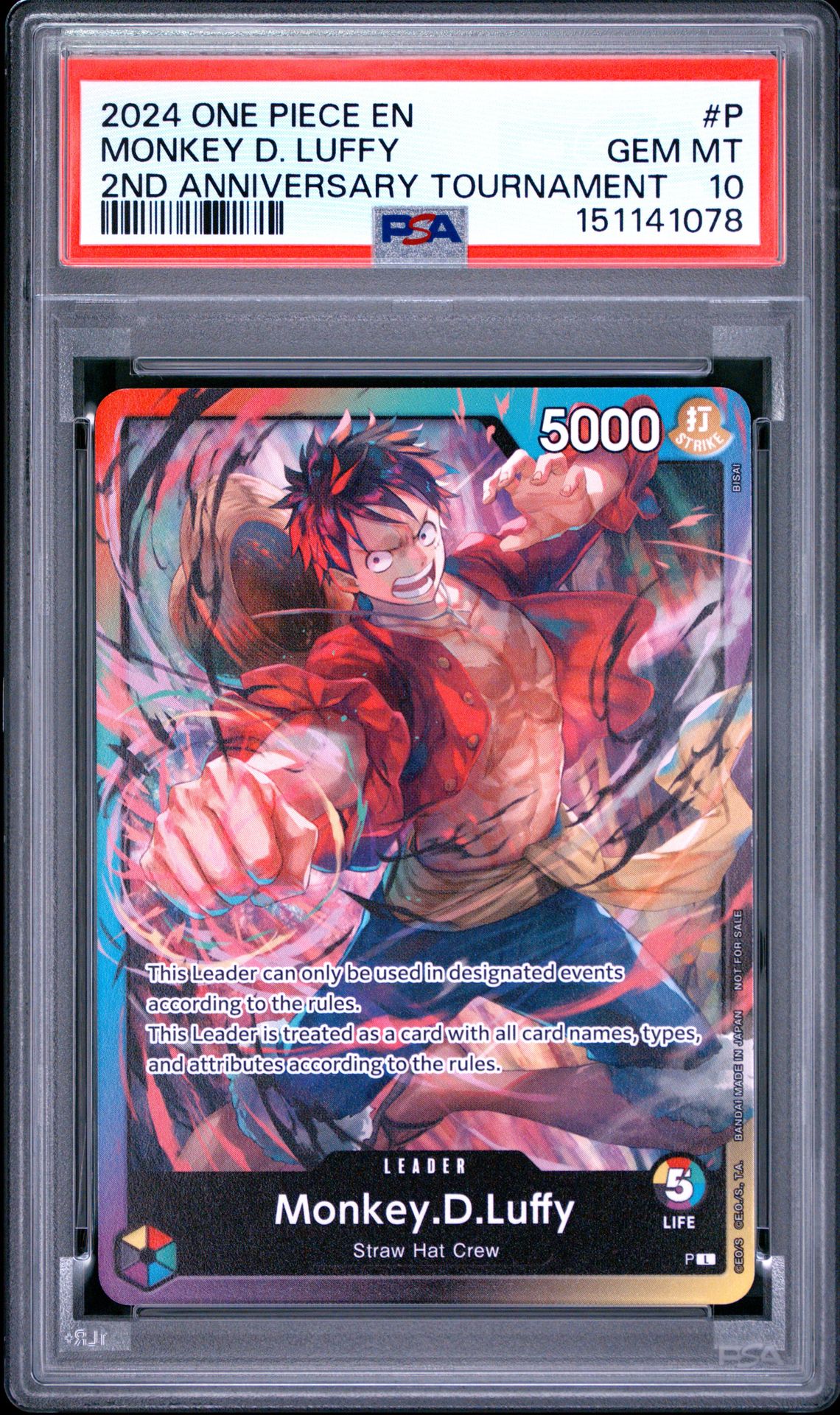2024 One Piece Promos Monkey D. Luffy #P (2Nd Anniversary Tournament) Gem Mt 10 front