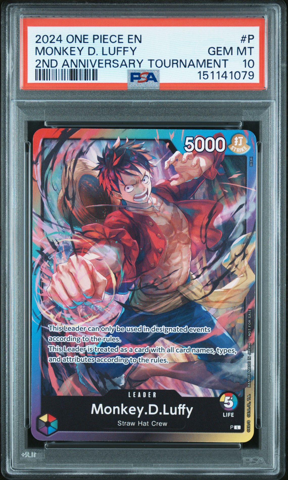 2024 One Piece Promos Monkey D. Luffy #P (2Nd Anniversary Tournament) Gem Mt 10 front