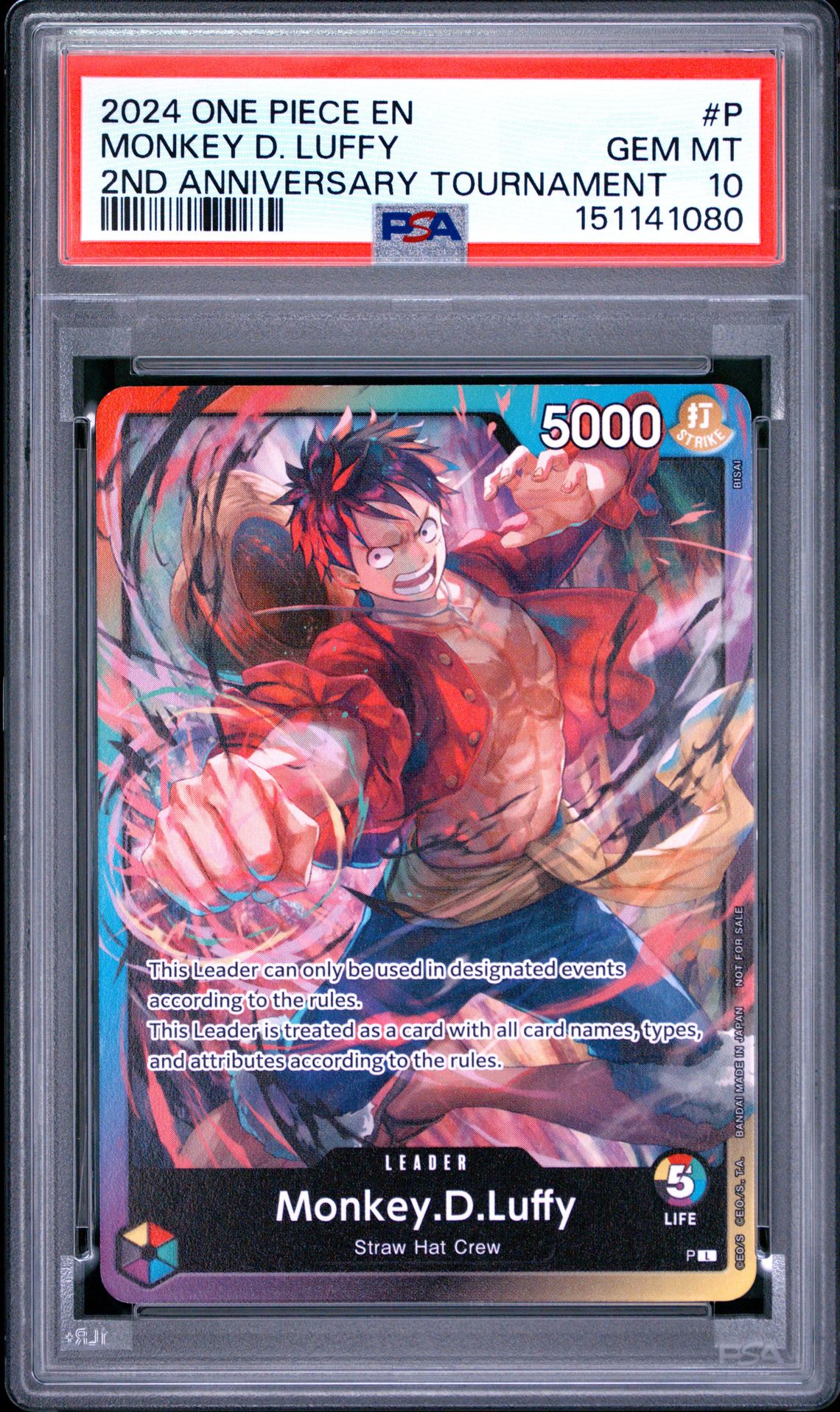 2024 One Piece Promos Monkey D. Luffy #P (2Nd Anniversary Tournament) Gem Mt 10 front