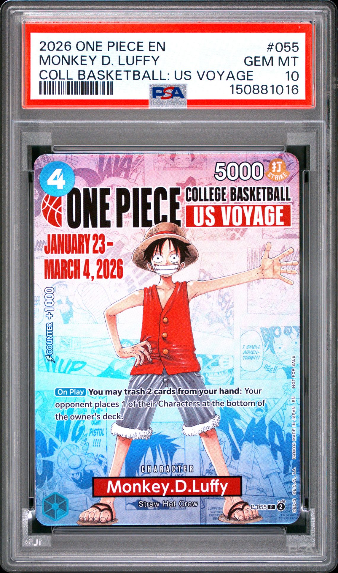 2026 One Piece Promos Monkey D. Luffy #055 (Coll Basketball: Us Voyage) Gem Mt 10 front