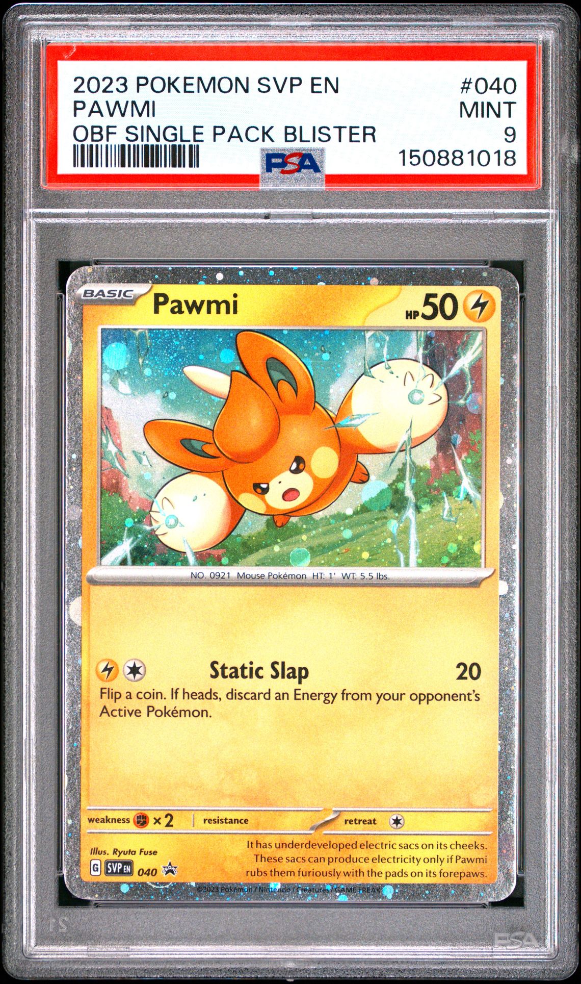 2023 Pokemon Svp En-Sv Black Star Promo Pawmi #040 (Obf Single Pack Blister) Mint 9 front