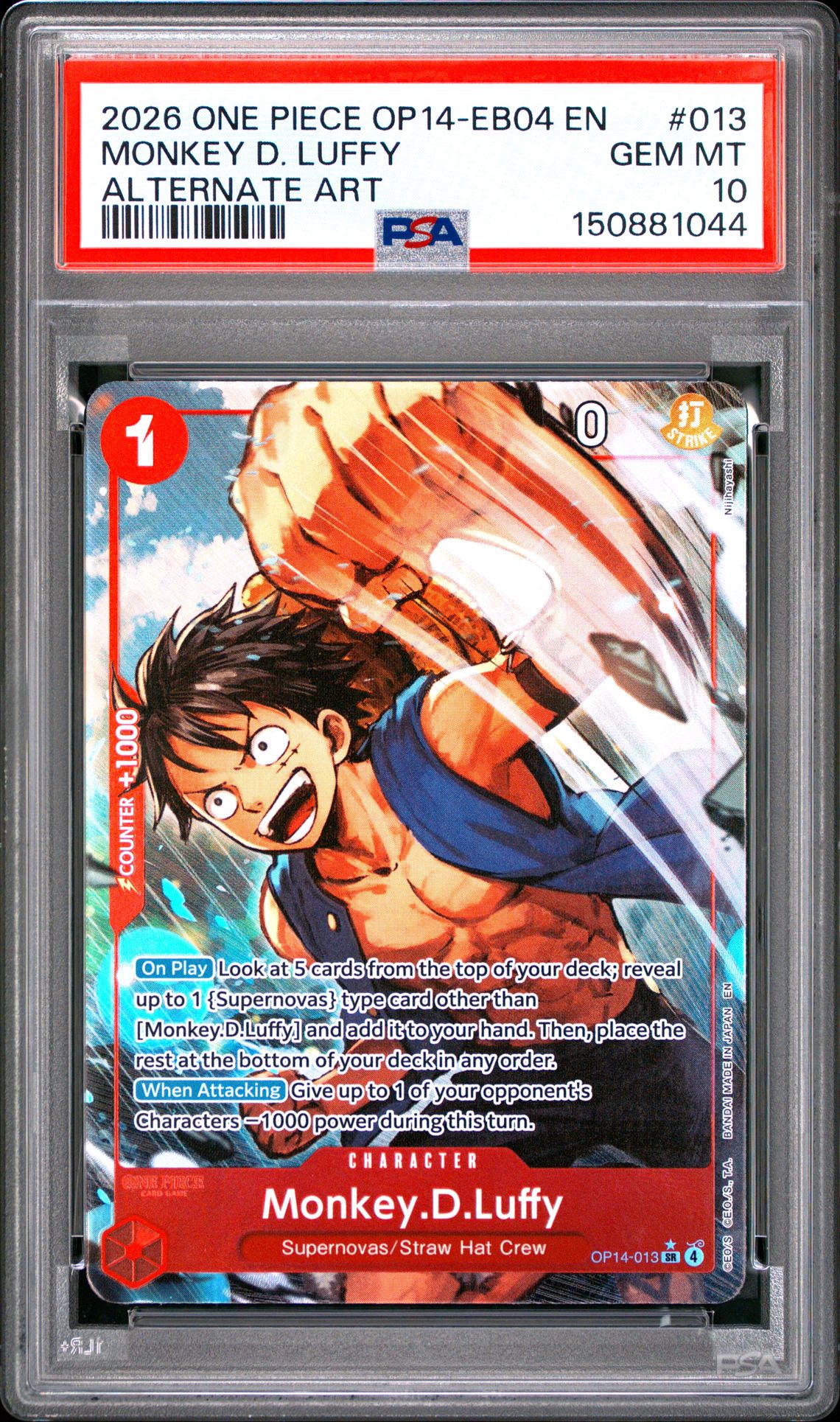 2026 One Piece Op14-Eb04-The Azure Sea's Seven Monkey D. Luffy #013 (Alternate Art) Gem Mt 10 front