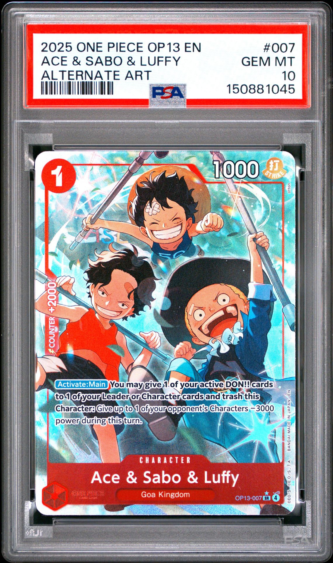 2025 One Piece Op13-Carrying On His Will Ace & Sabo & Luffy #007 (Alternate Art) Gem Mt 10 front