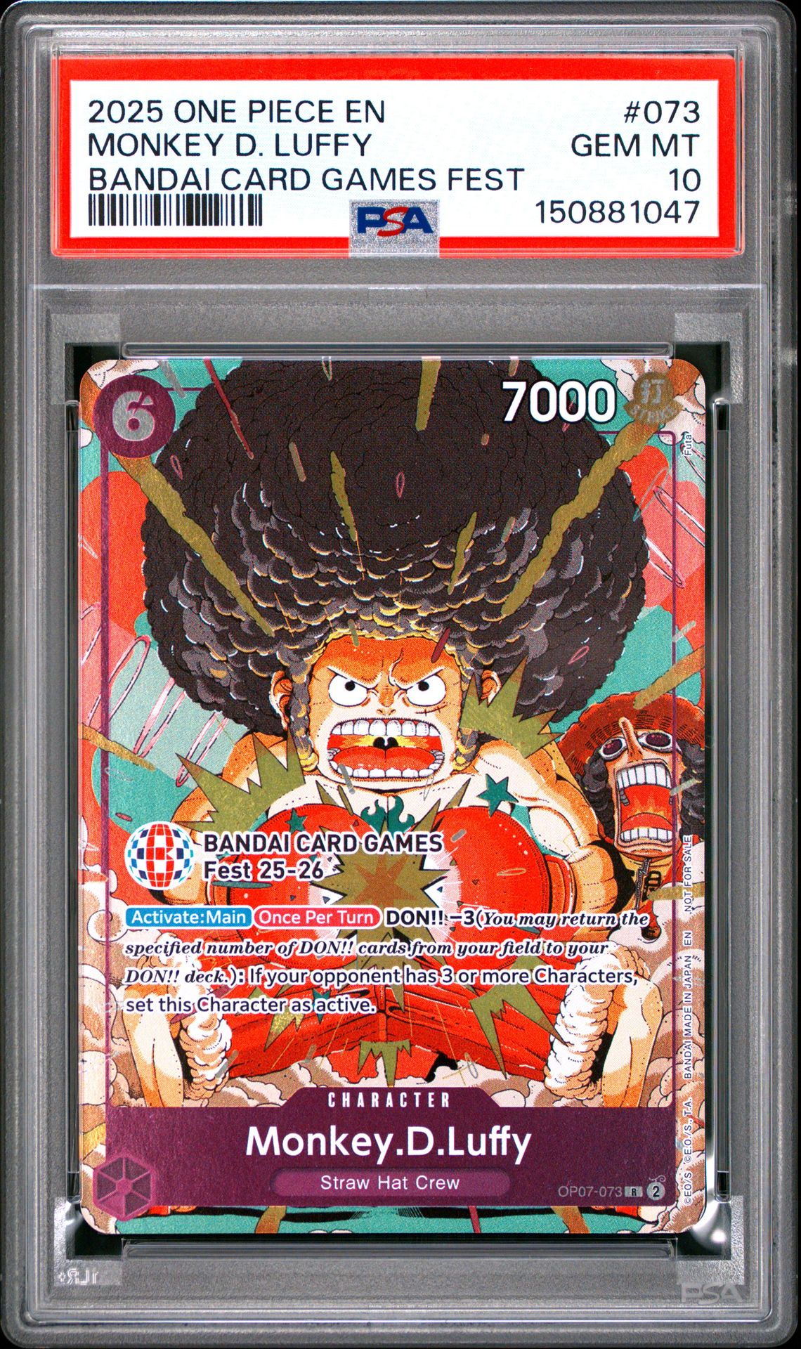 2025 One Piece Promos Monkey D. Luffy #073 (Bandai Card Games Fest) Gem Mt 10 front view - PSA graded GEM MT 10