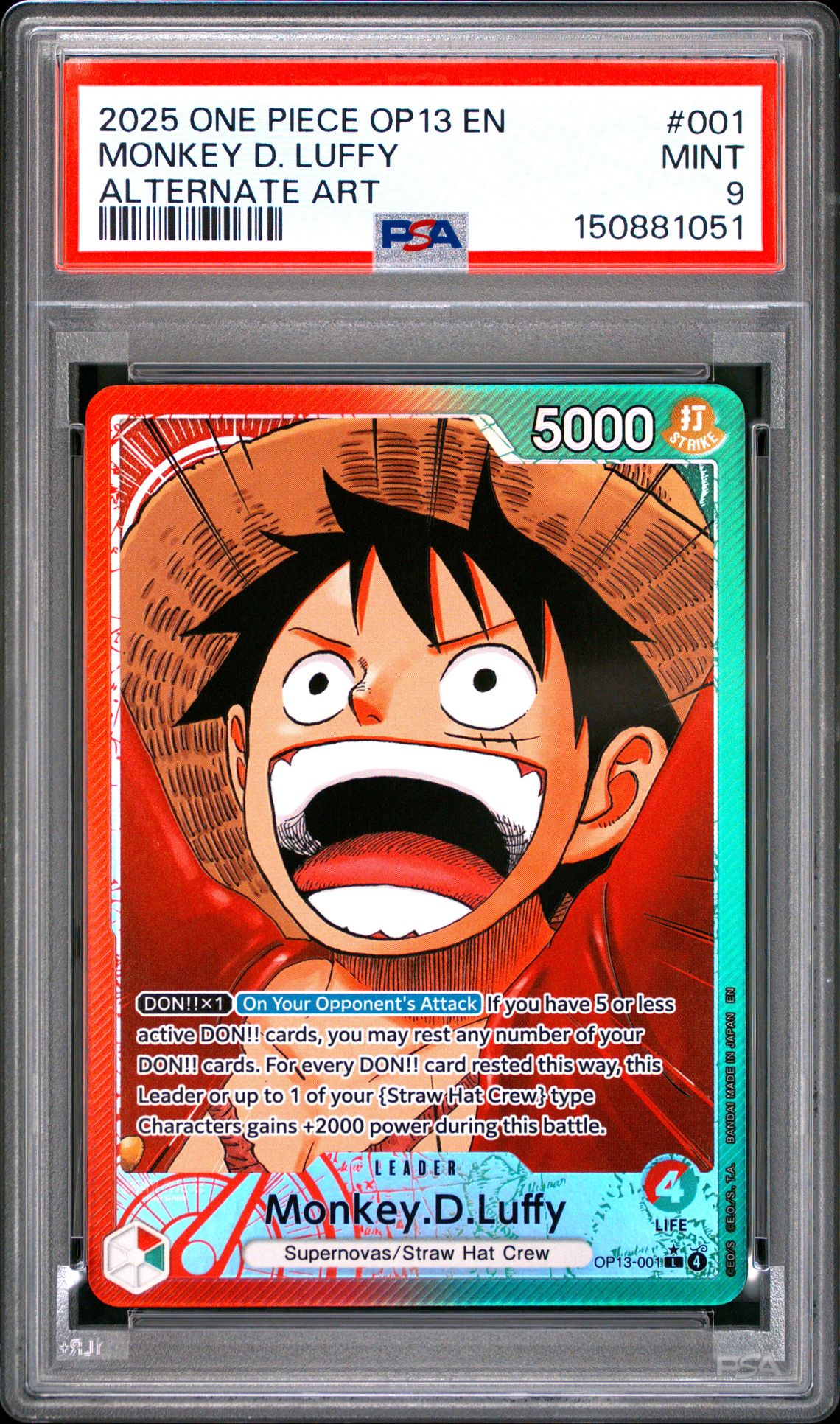 2025 One Piece Op13-Carrying On His Will Monkey D. Luffy #001 (Alternate Art) Mint 9 front