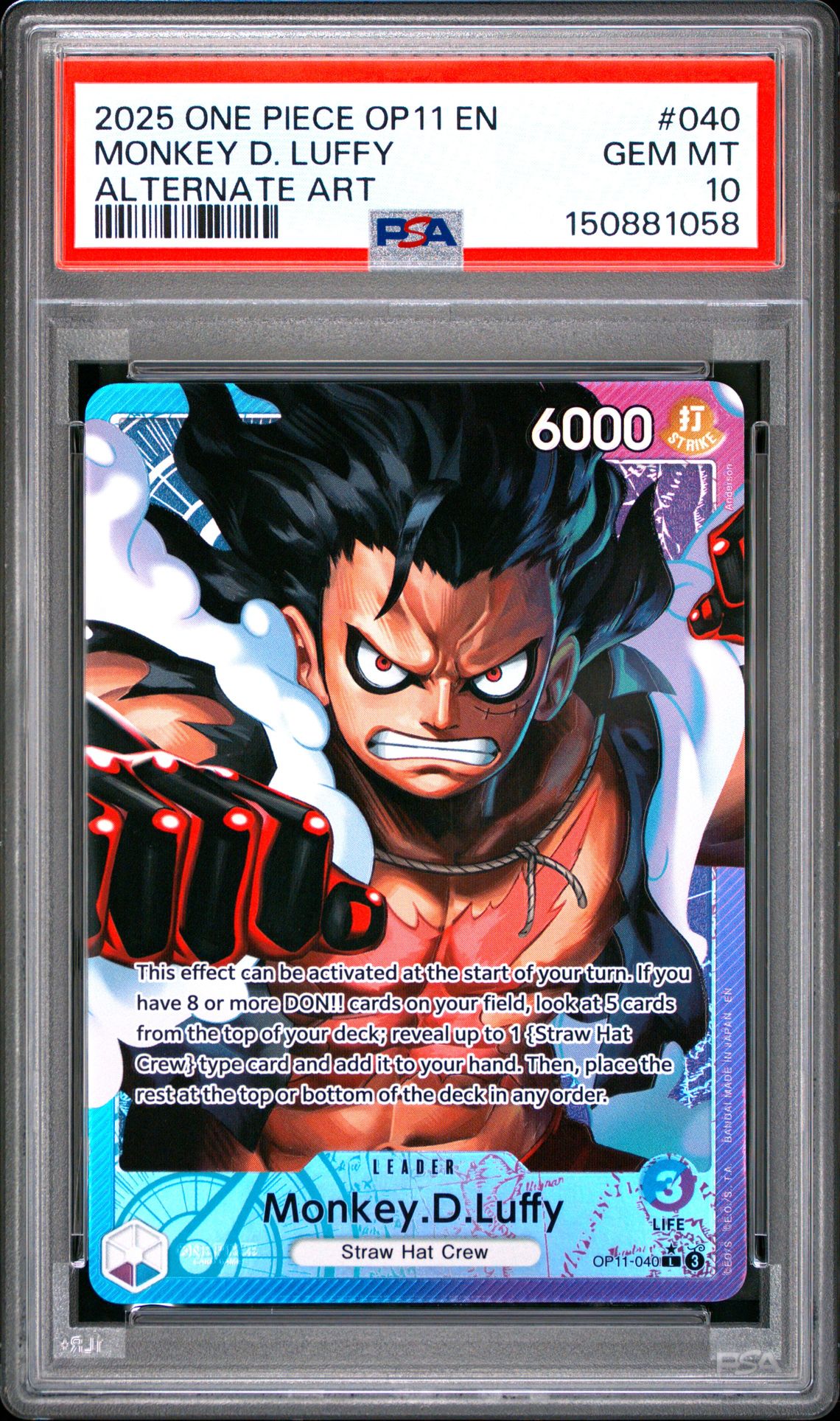 2025 One Piece Op11-A Fist Of Divine Speed Monkey D. Luffy #040 (Alternate Art) Gem Mt 10 front