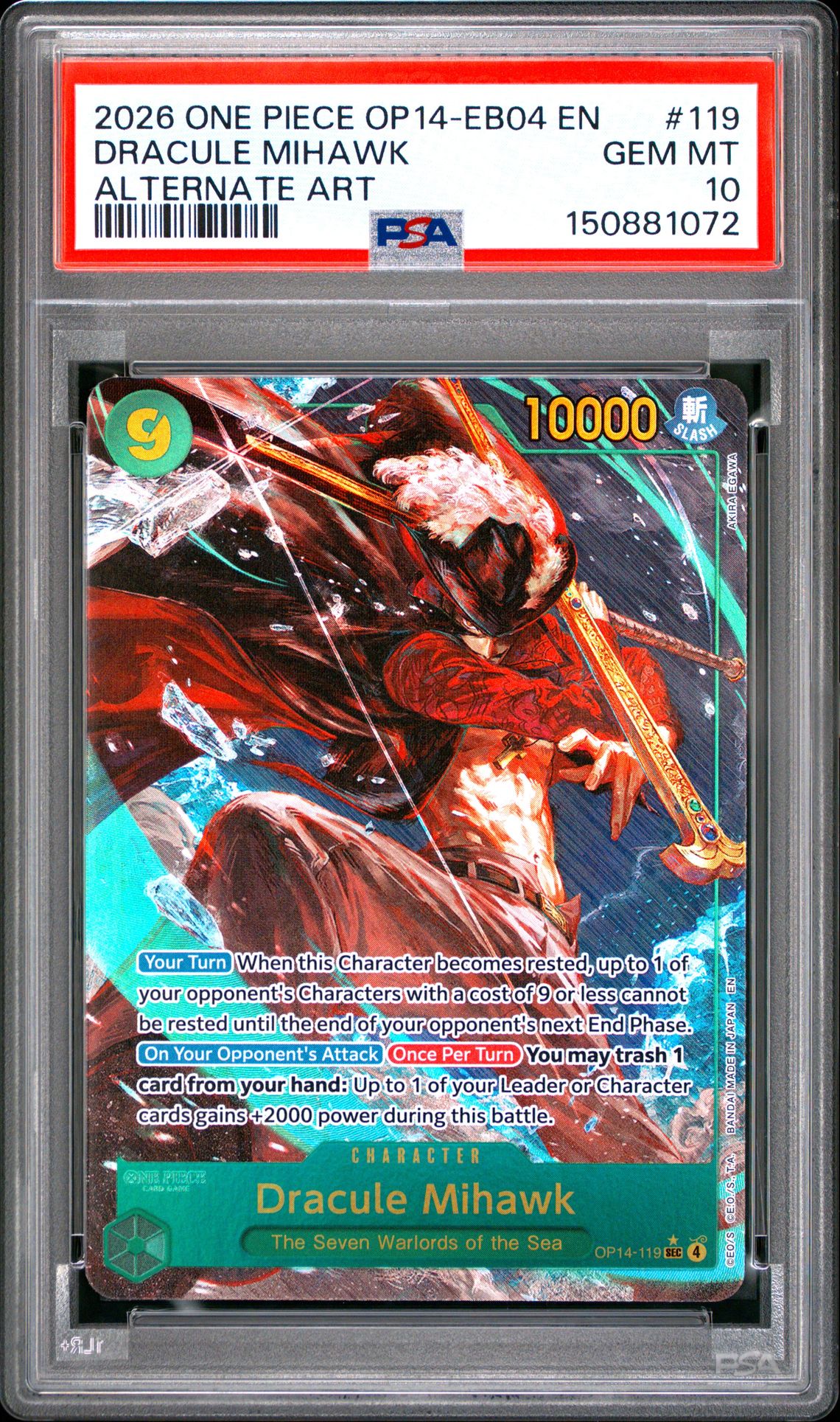 2026 One Piece Op14-Eb04-The Azure Sea's Seven Dracule Mihawk #119 (Alternate Art) Gem Mt 10 front view - PSA graded GEM MT 10
