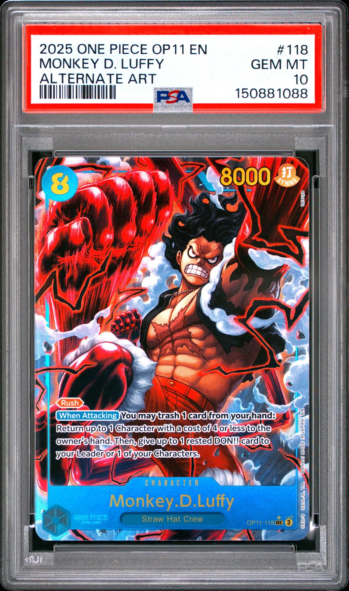 2025 One Piece Op11-A Fist Of Divine Speed Monkey D. Luffy #118 (Alternate Art) Gem Mt 10 front view - PSA graded GEM MT 10