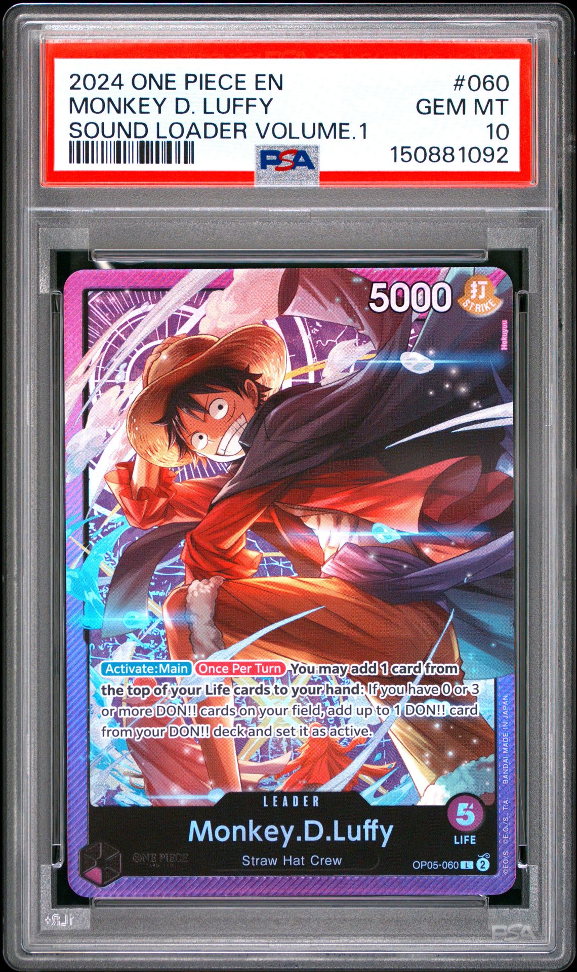 2024 One Piece Promos Monkey D. Luffy #060 (Sound Loader Volume.1) Gem Mt 10 front view - PSA graded GEM MT 10