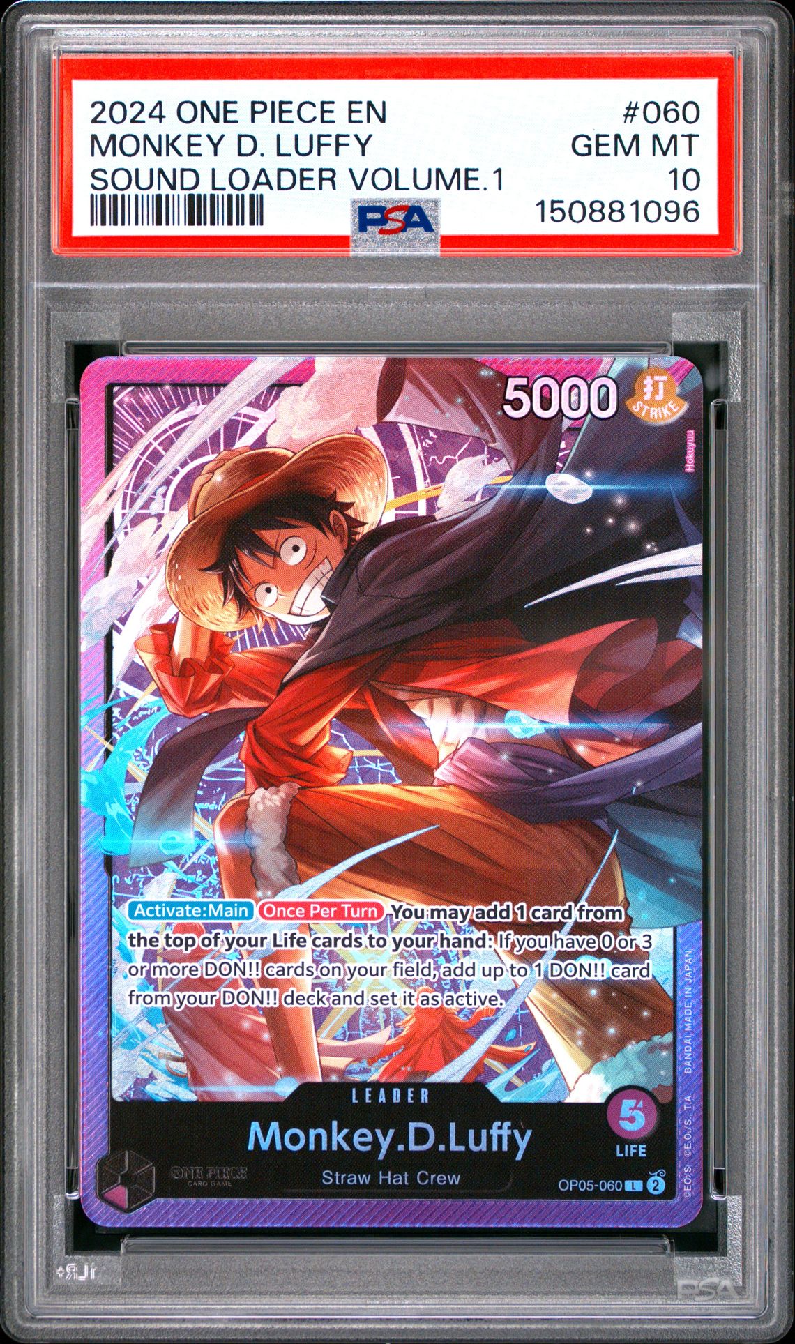 2024 One Piece Promos Monkey D. Luffy #060 (Sound Loader Volume.1) Gem Mt 10 front view - PSA graded GEM MT 10