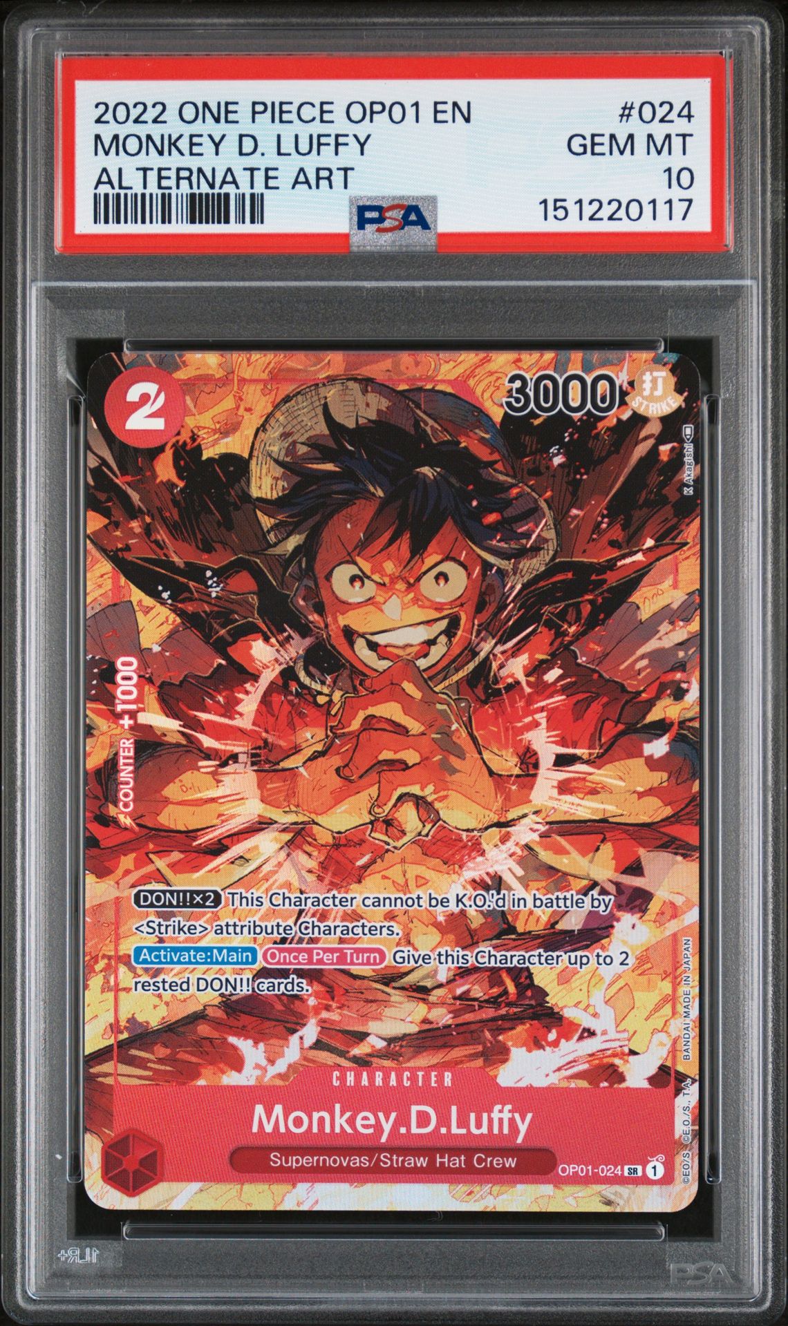 2022 One Piece Op01-Romance Dawn Monkey D. Luffy #024 (Alternate Art) Gem Mt 10 front