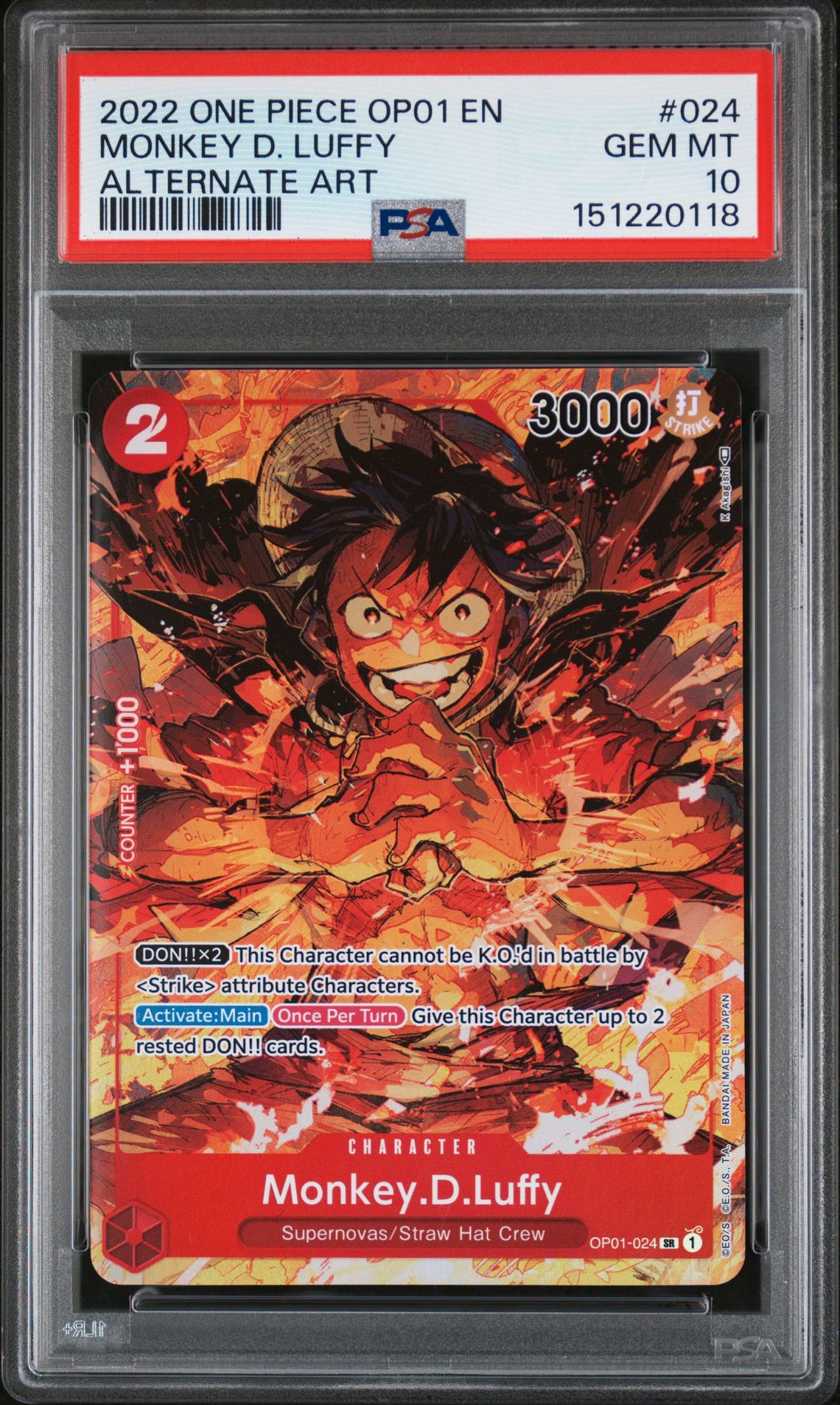 2022 One Piece Op01-Romance Dawn Monkey D. Luffy #024 (Alternate Art) Gem Mt 10 front