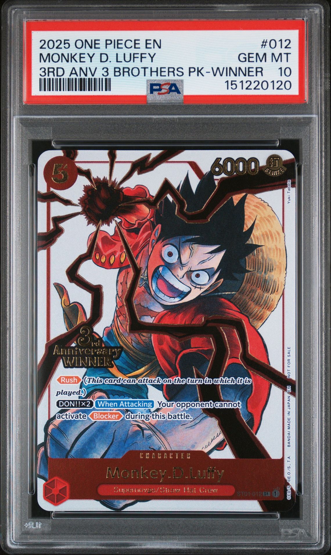 2025 One Piece 3Rd Anniversary Tournament 3 Brothers Pack Monkey D. Luffy #012 (3Rd Anv 3 Brothers Pk-Winner) Gem Mt 10 front