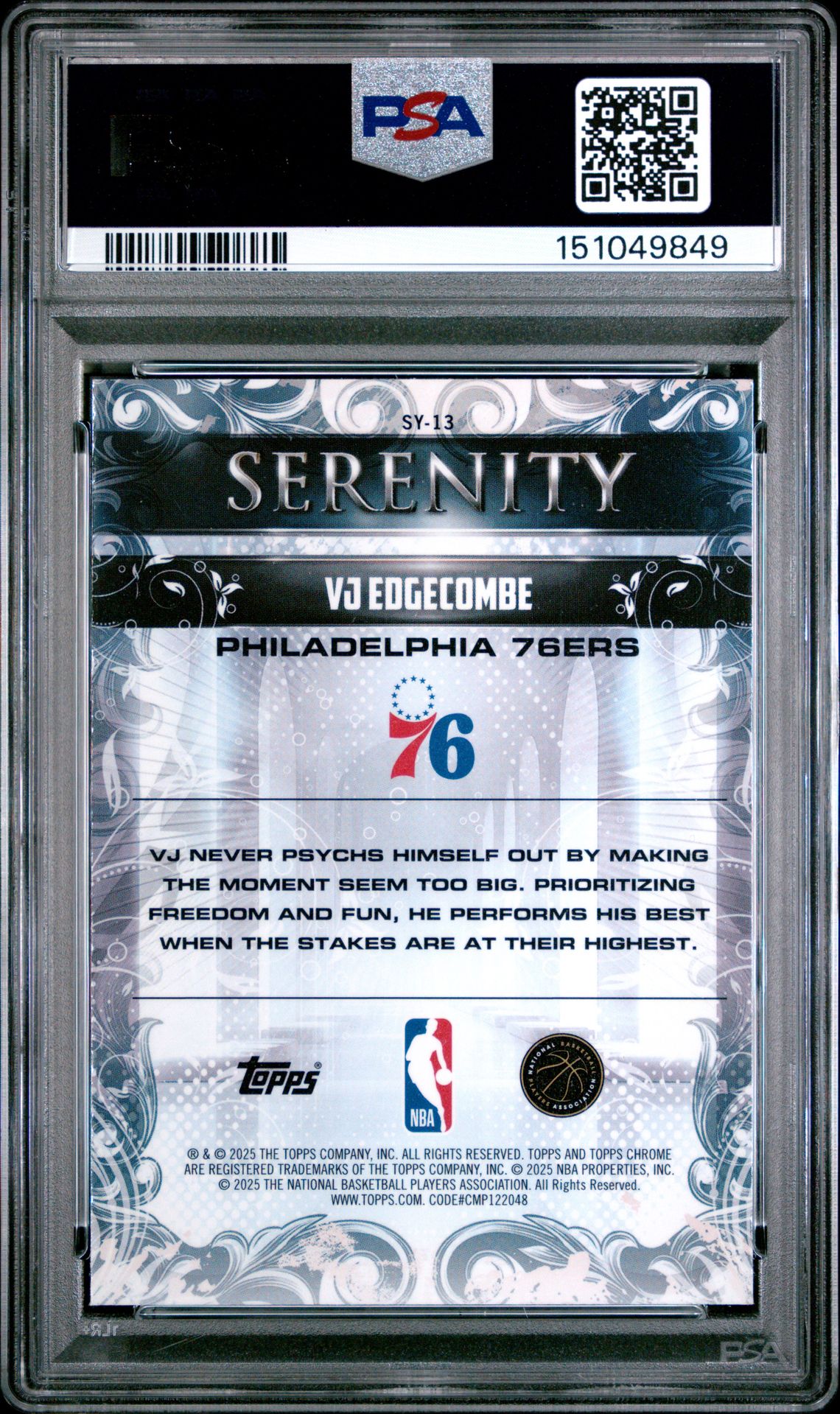 2025 Topps Chrome Serenity Vj Edgecombe #Sy-13 Gem Mt 10 back