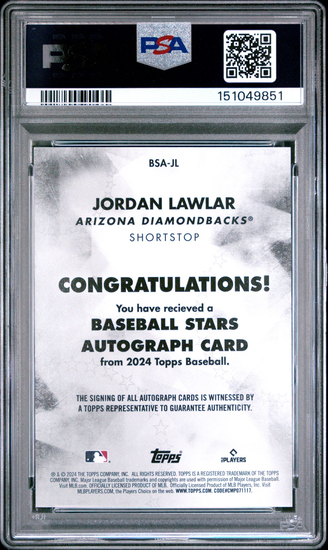 2024 Topps Baseball Stars Autographs Jordan Lawlar #Bsajl Nm-Mt 8 back