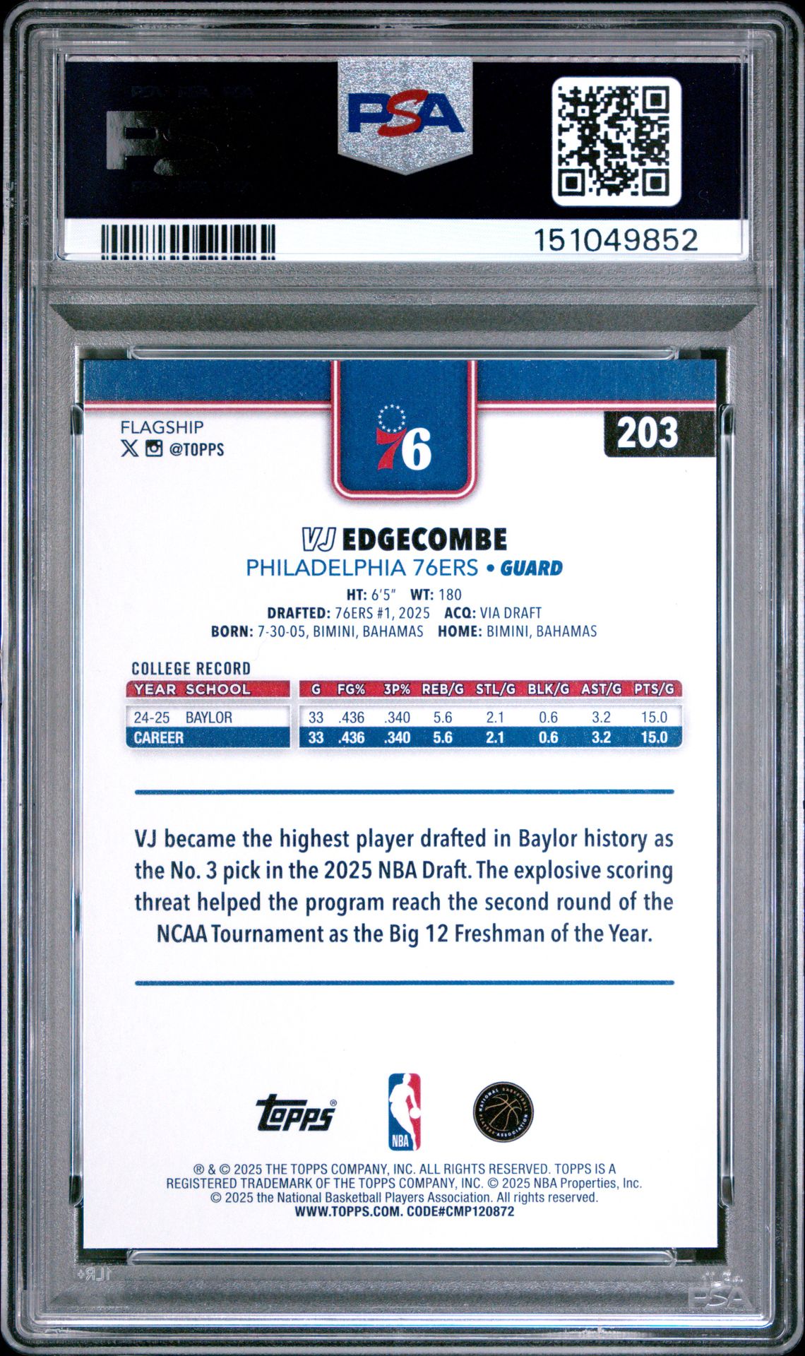 2025 Topps Vj Edgecombe #203 Gem Mt 10 back