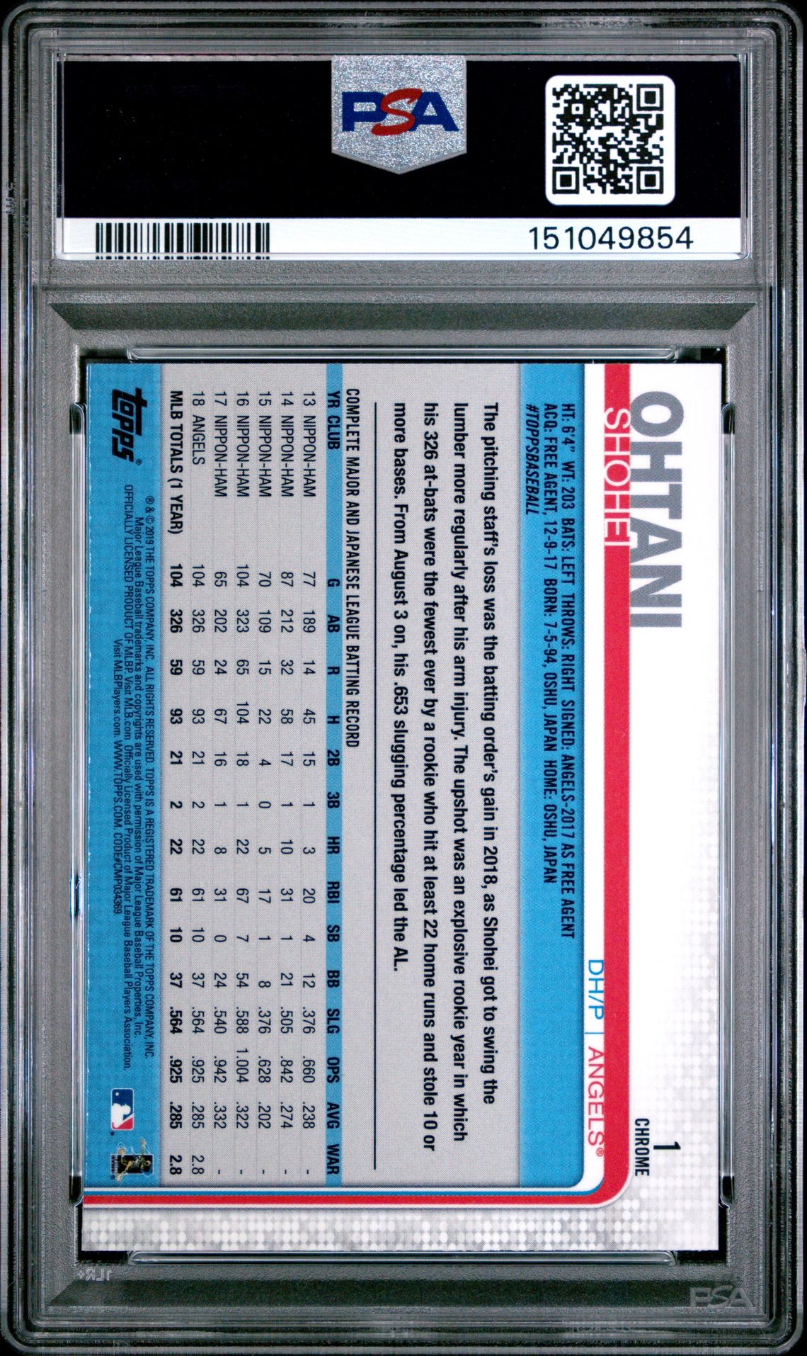 2019 Topps Chrome Shohei Ohtani #1 Mint 9 back