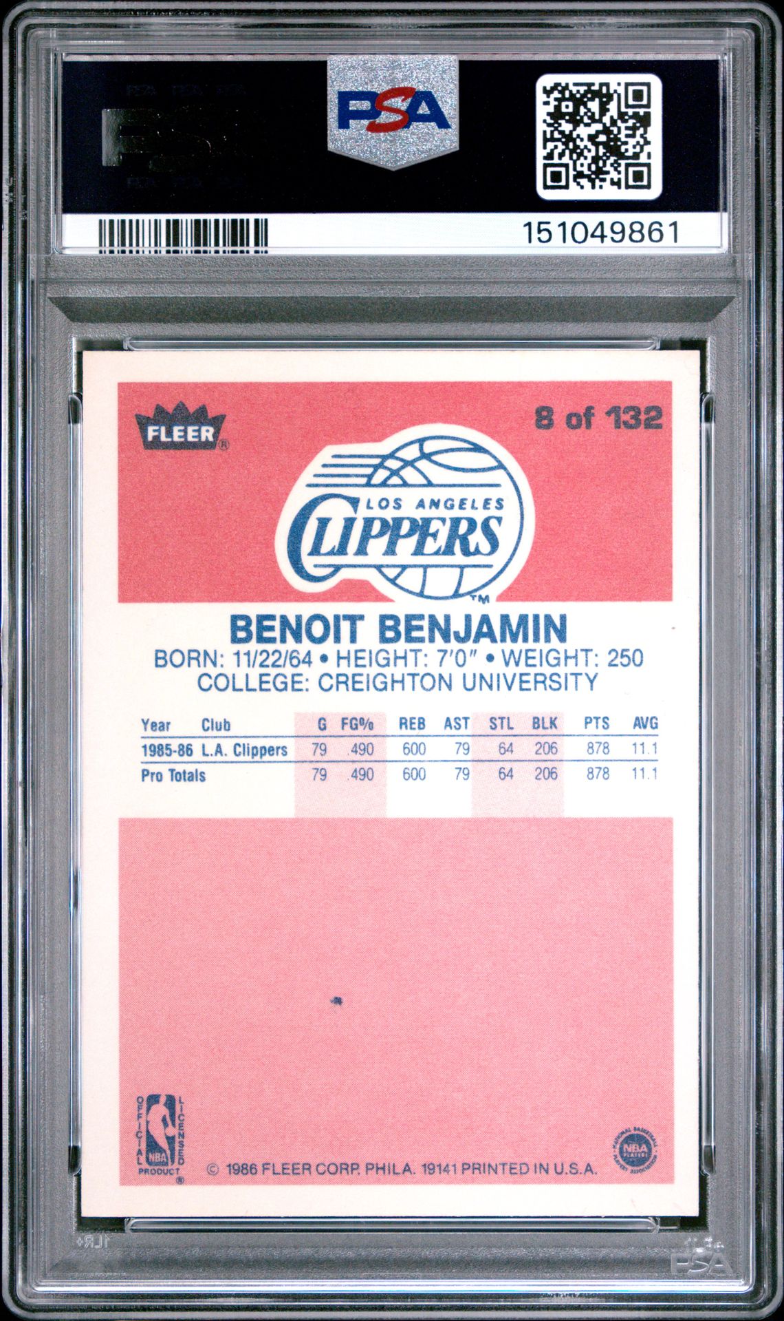 1986 Fleer Benoit Benjamin #8 Nm 7 back
