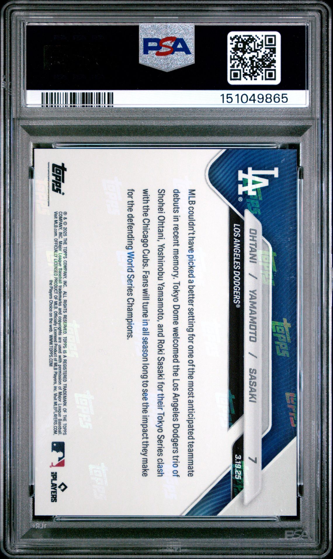 2025 Topps Now Ohtani/Yamamoto/Sasaki #7 Gem Mt 10 back view - PSA certificate #151049865