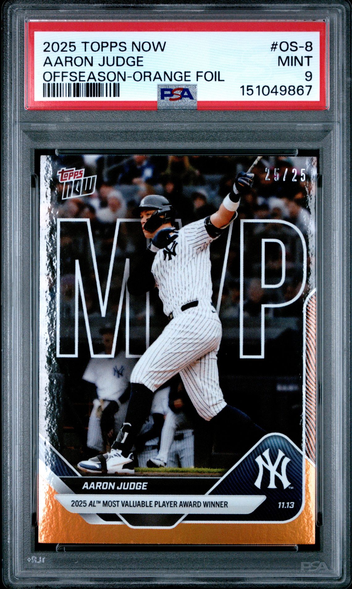 2025 Topps Now Offseason Aaron Judge #Os-8 (Offseason-Orange Foil) Mint 9 front