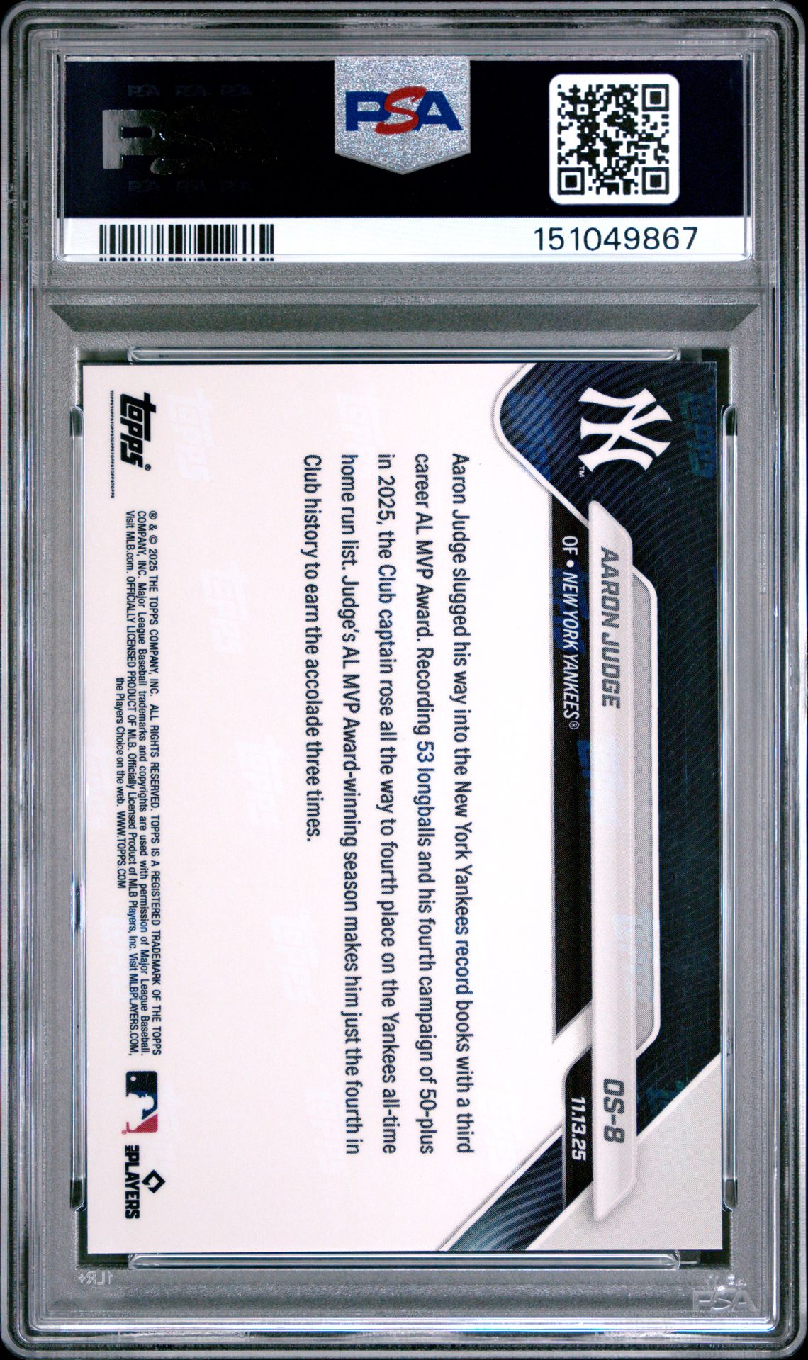 2025 Topps Now Offseason Aaron Judge #Os-8 (Offseason-Orange Foil) Mint 9 back