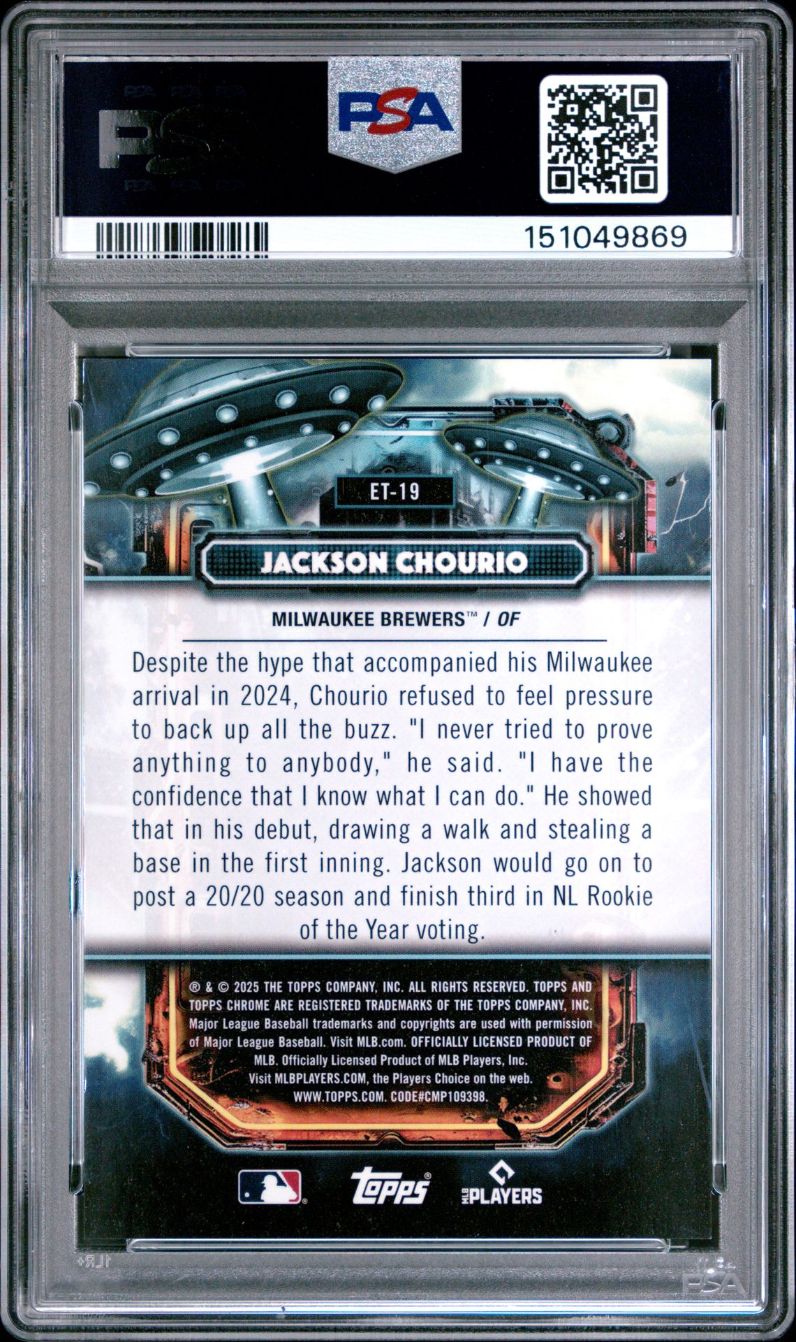 2025 Topps Cosmic Chrome Extraterrestrial Talent Jackson Chourio #19 (Et Talent-Green Space Dust) Gem Mt 10 back