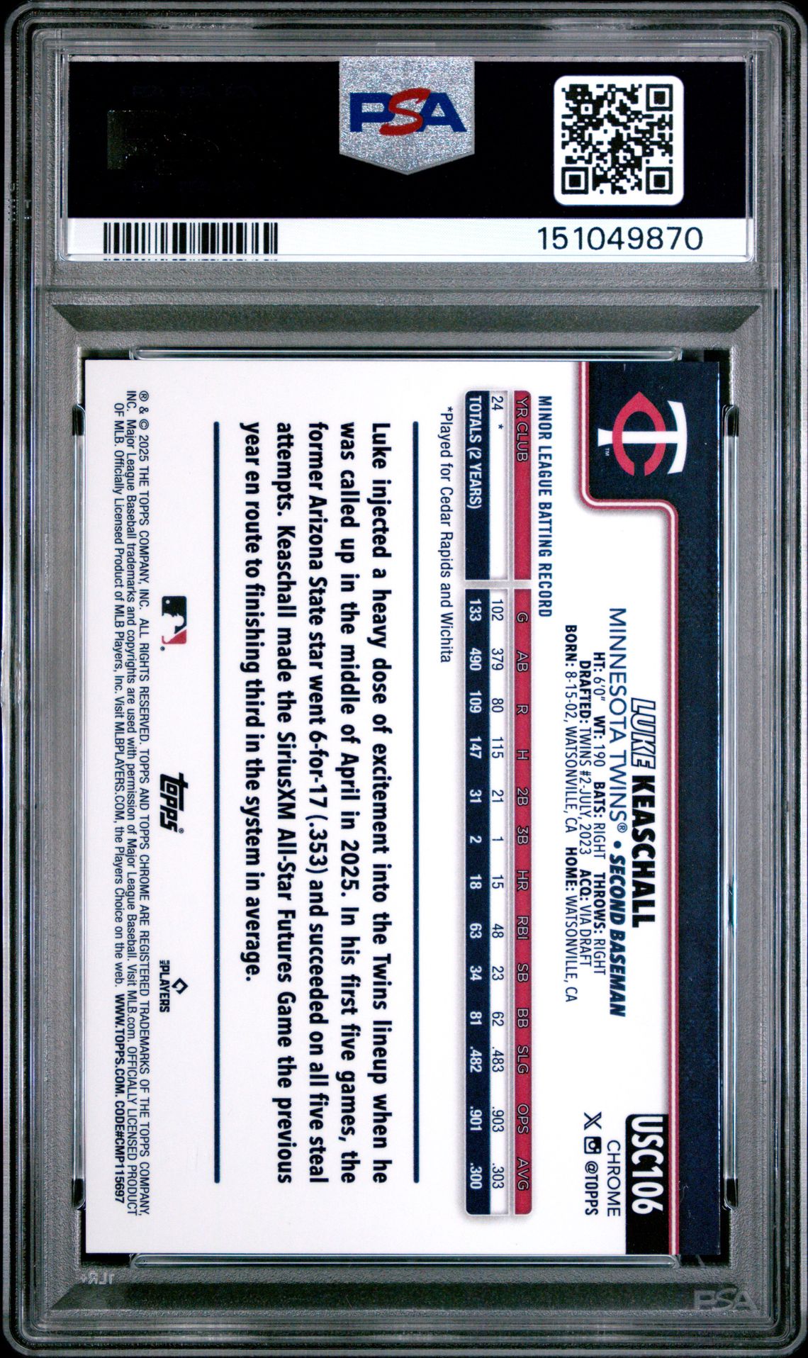 2025 Topps Chrome Update Luke Keaschall #106 (Image Variation) Mint 9 back