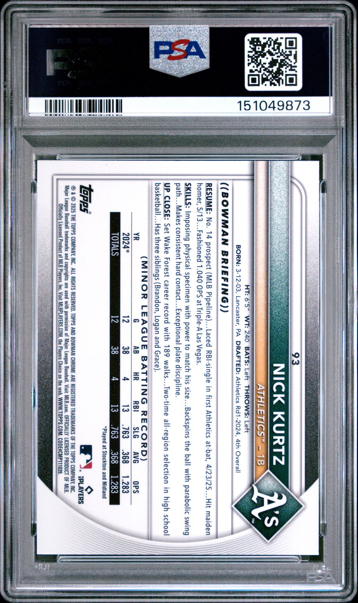 2025 Bowman Chrome Mega Box Nick Kurtz #93 (Aqua Refractor) Mint 9 back