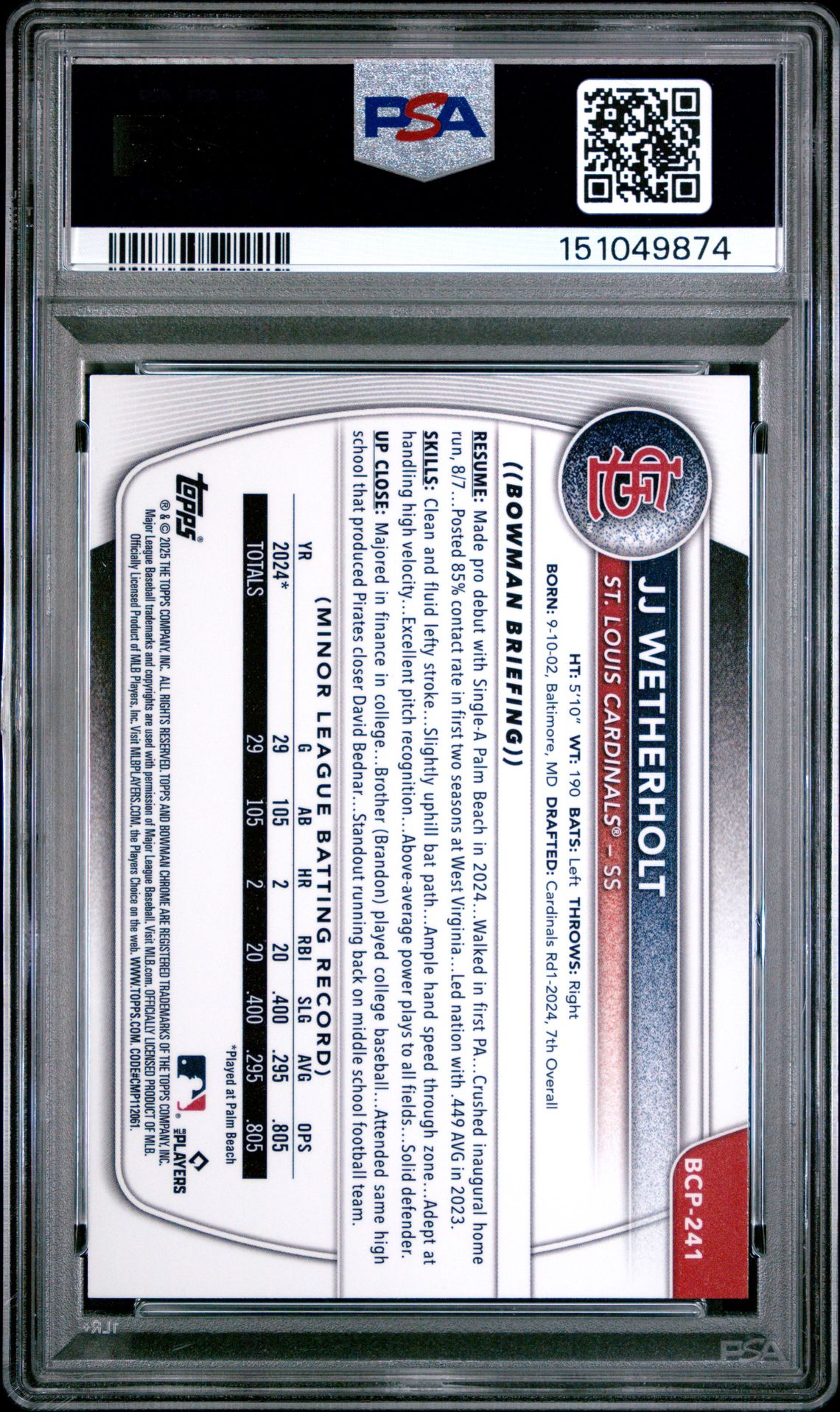 2025 Bowman Chrome Prospects Jj Wetherholt #Bcp241 (Prospects-Green Wave) Mint 9 back