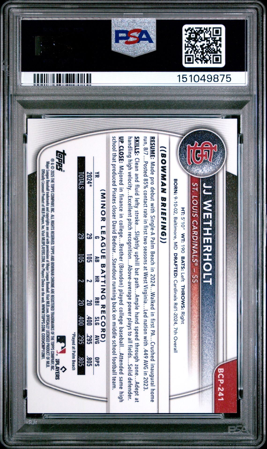 2025 Bowman Chrome Prospects Jj Wetherholt #Bcp241 (Prospects-Blue Reptilian) Mint 9 back