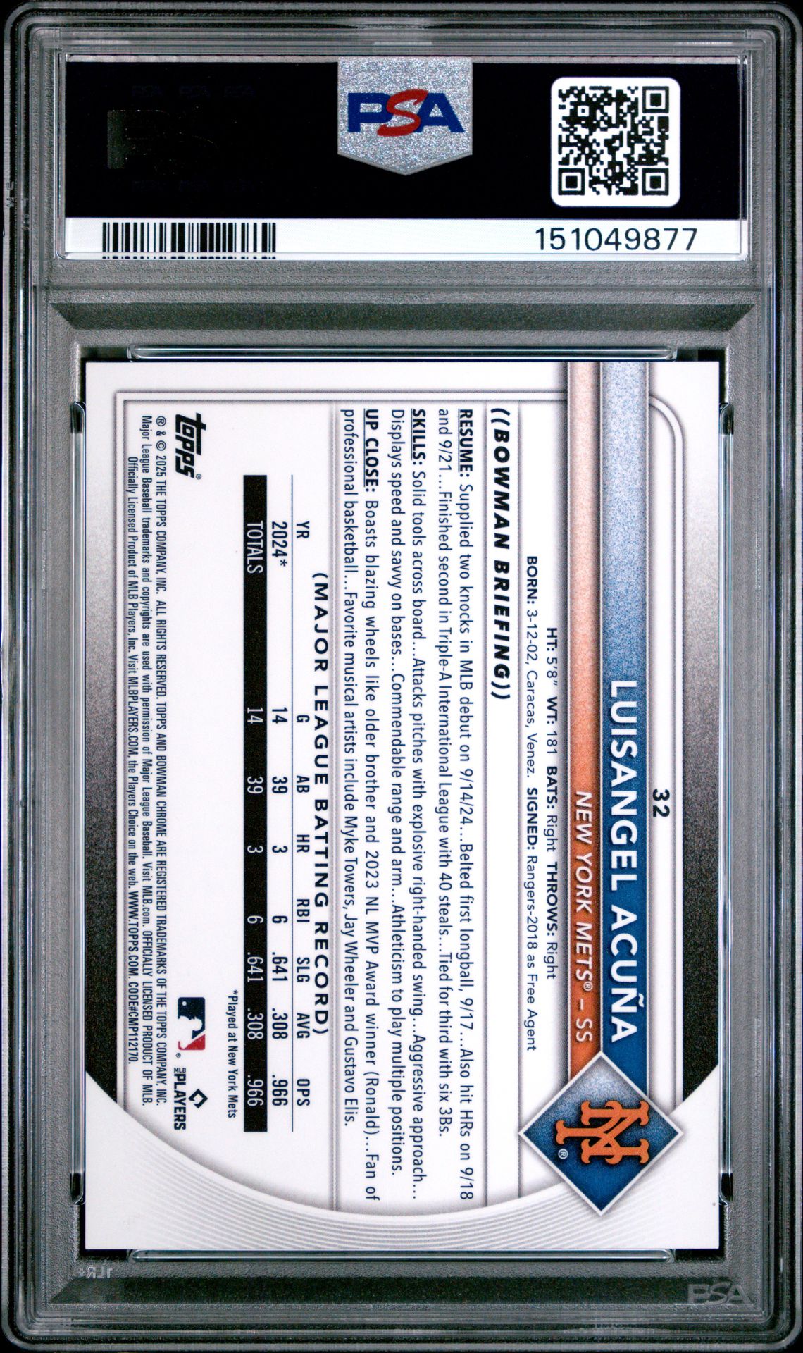 2025 Bowman Chrome Luisangel Acuna #32 (Etched In Glass Variation) Mint 9 back