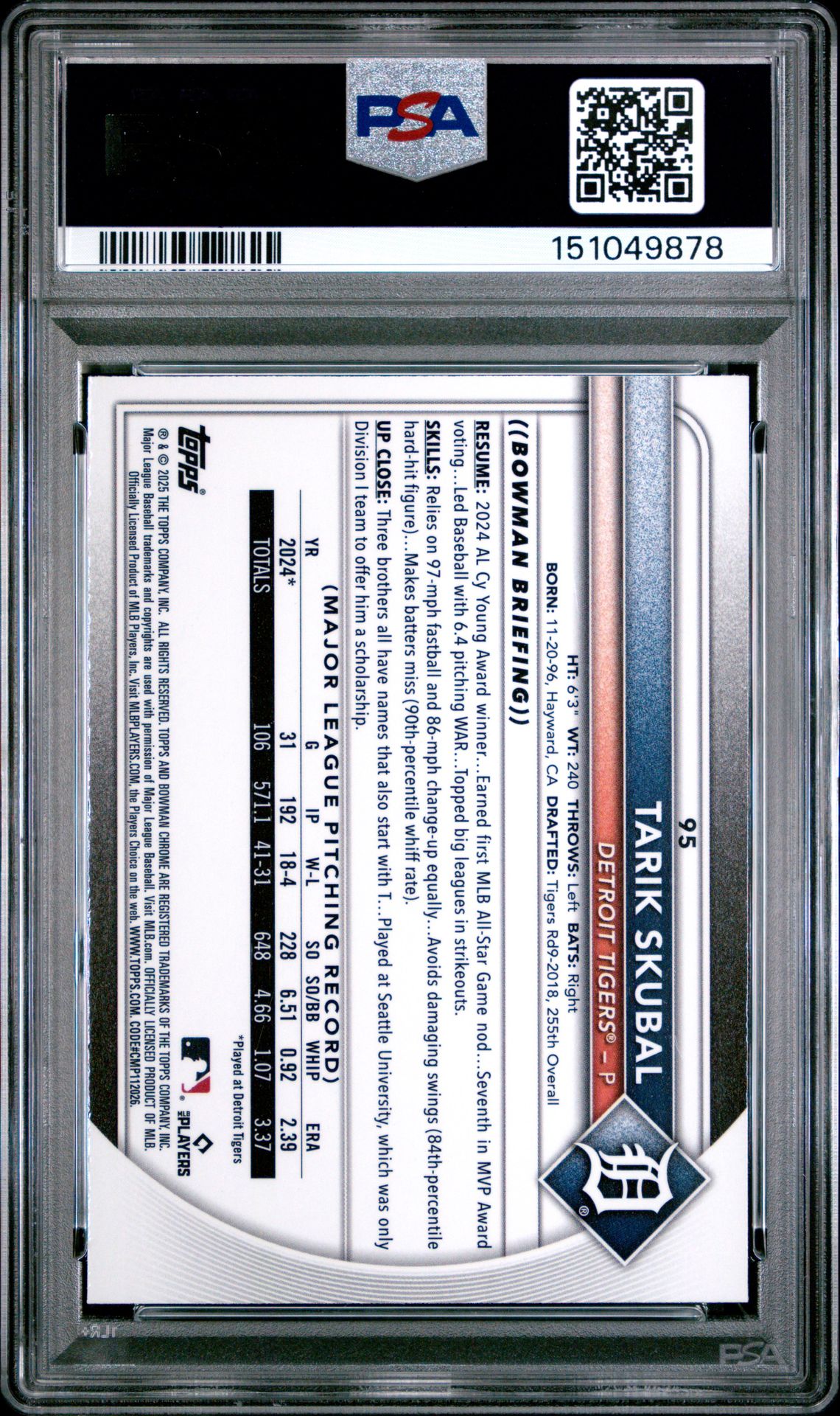 2025 Bowman Chrome Tarik Skubal #95 (Aqua Raywave) Mint 9 back