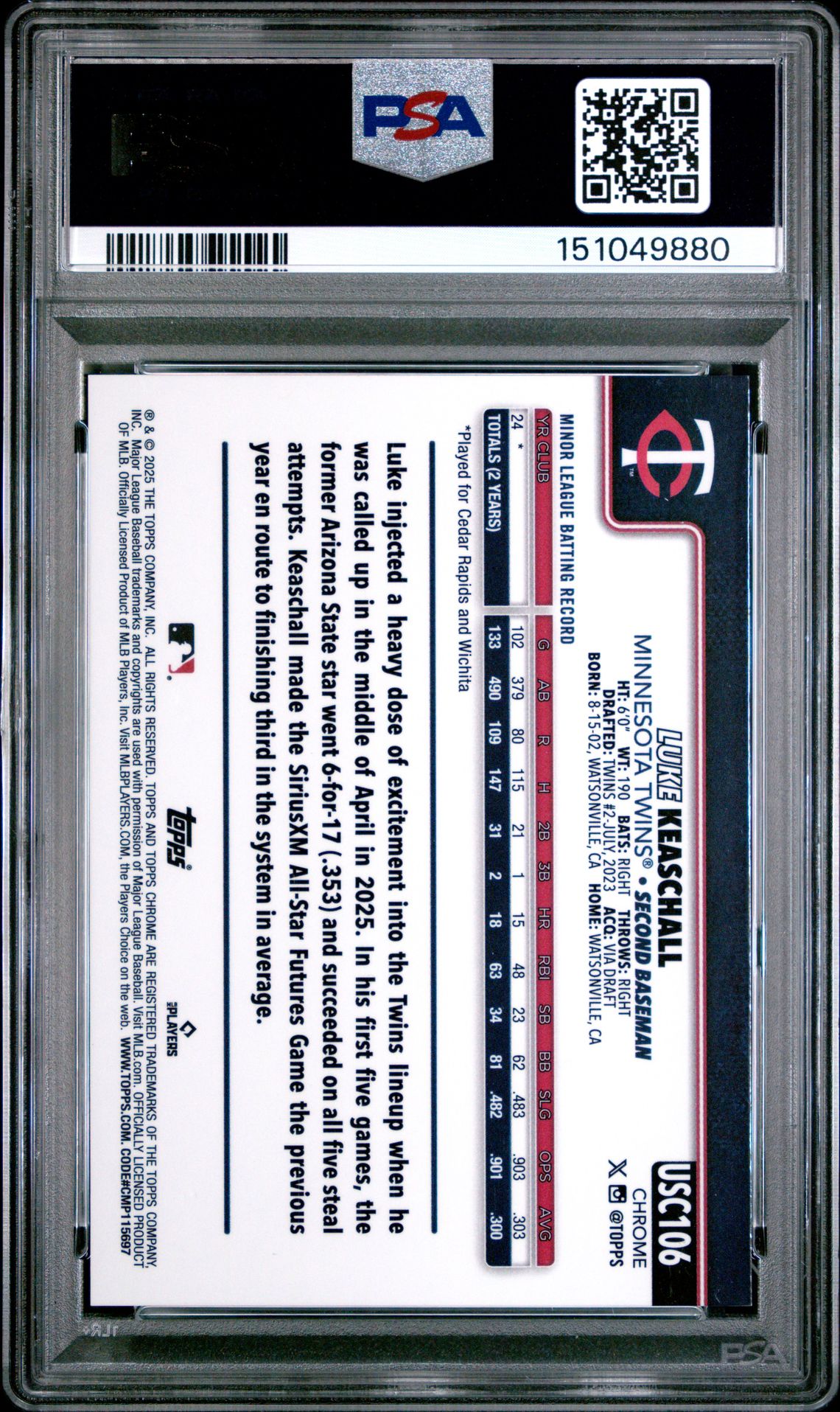 2025 Topps Chrome Update Luke Keaschall #106 (Image Variation) Gem Mt 10 back
