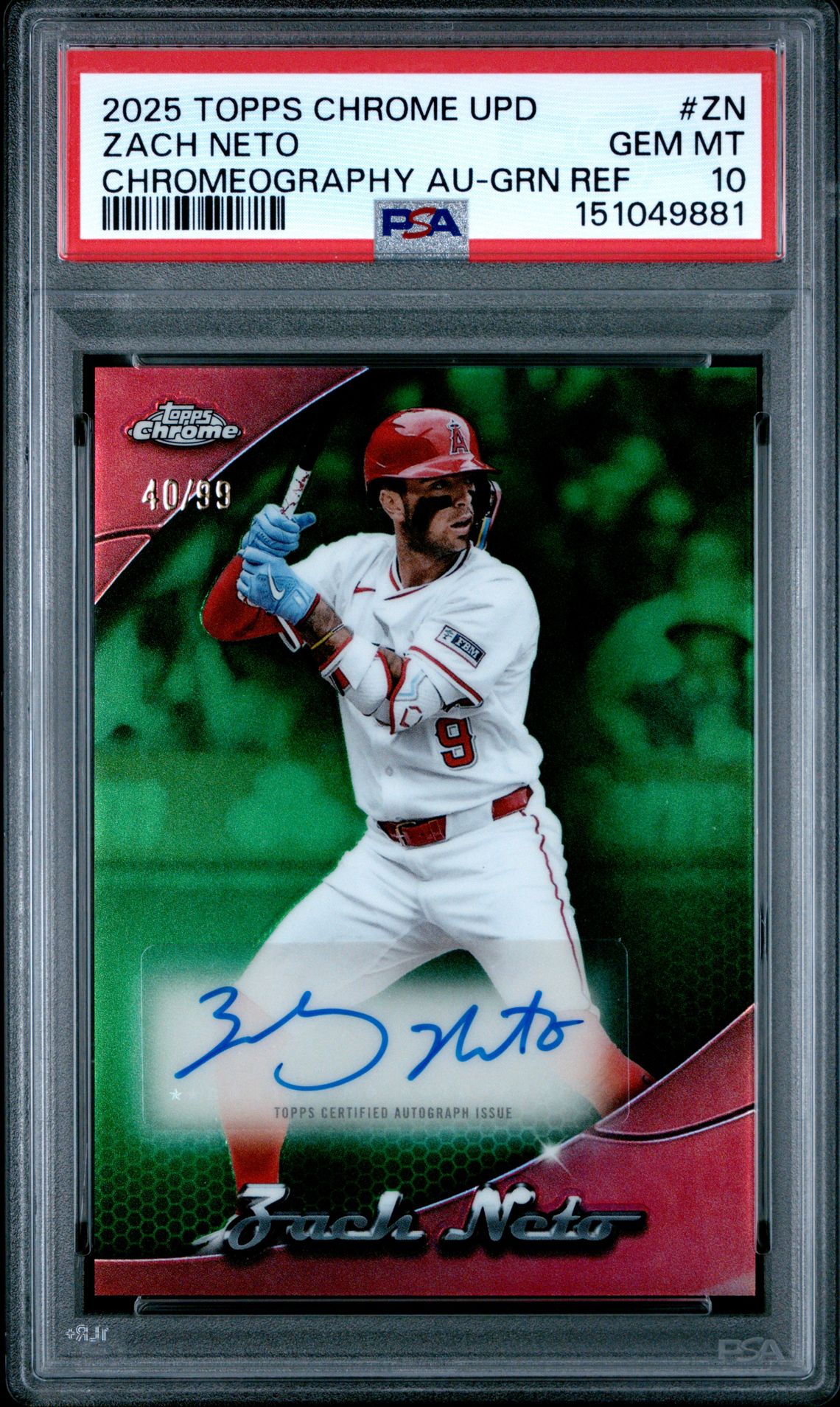 2025 Topps Chrome Update Chromeography Autographs Zach Neto #Zn (Chromeography Au-Grn Ref) Gem Mt 10 front