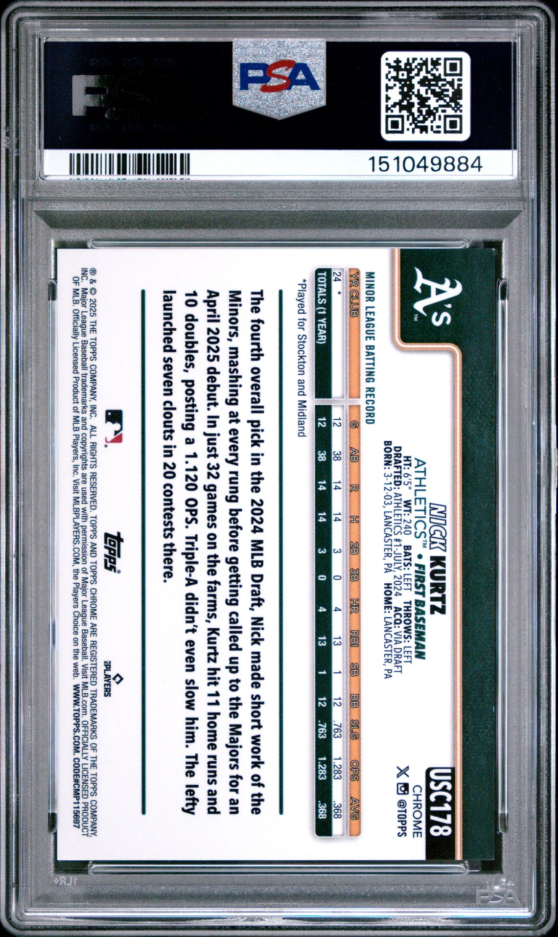 2025 Topps Chrome Update Nick Kurtz #178 (Image Variation) Mint 9 back